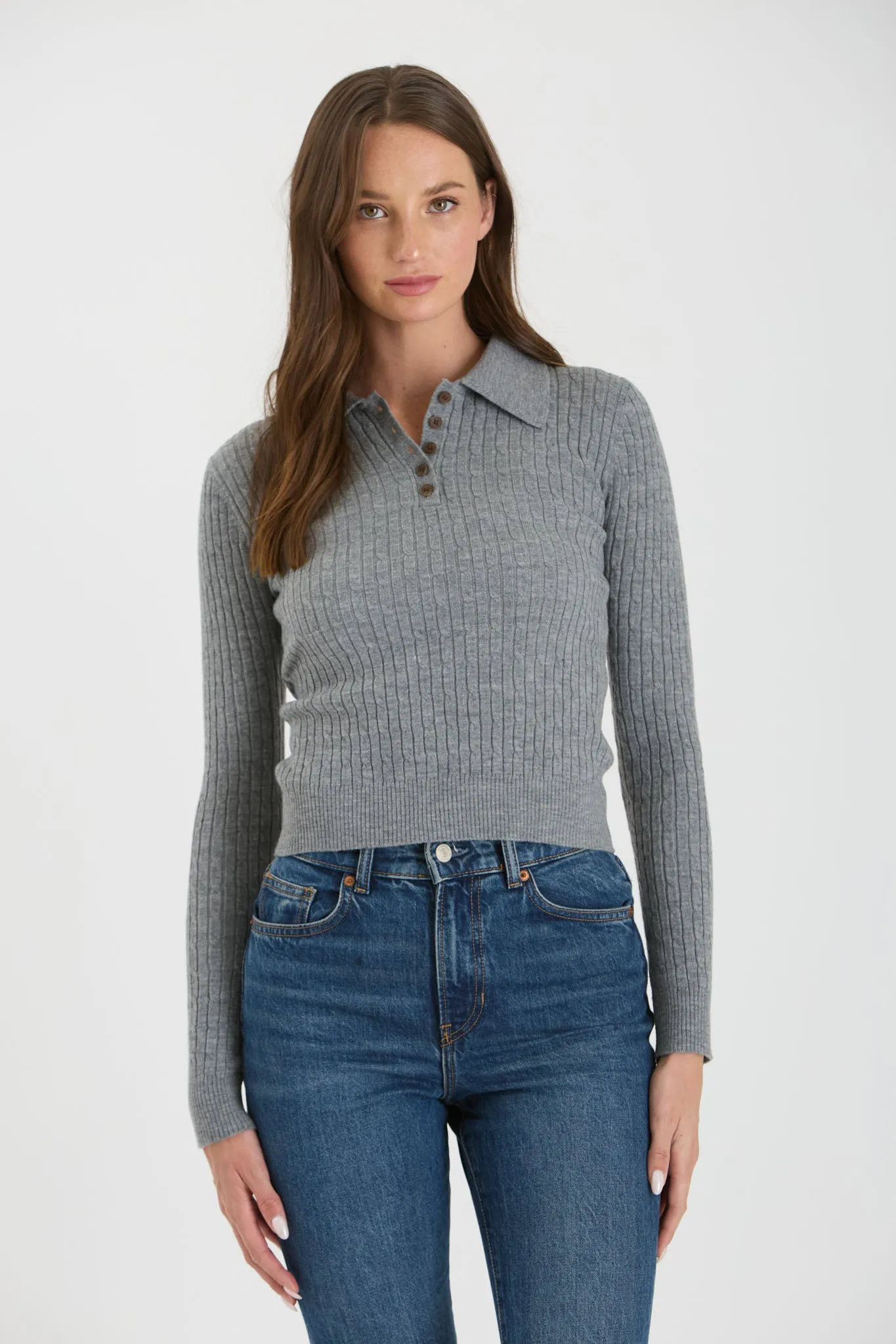 COLLARED POLO LONG SLEEVE KNIT TOP