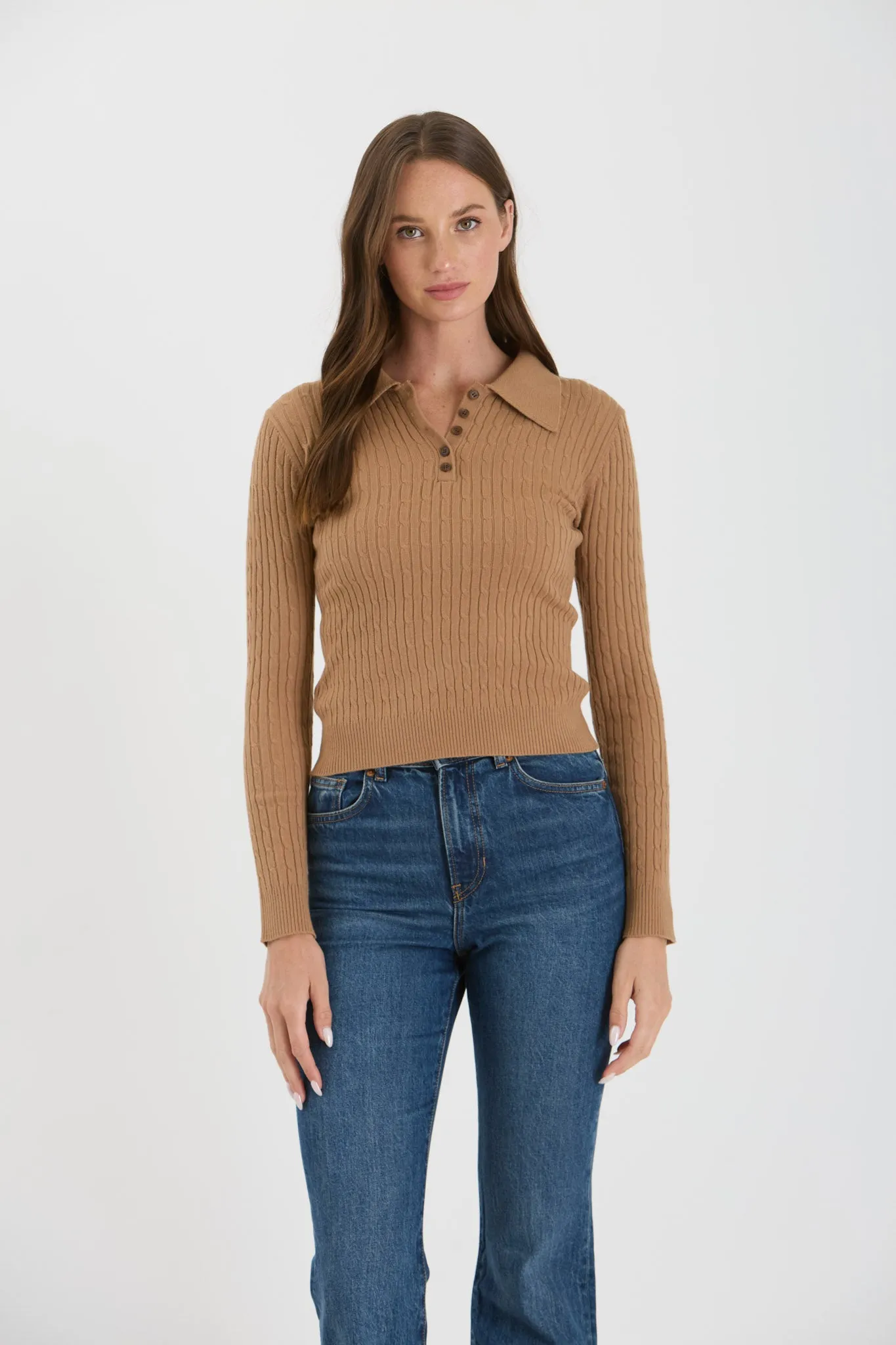 COLLARED POLO LONG SLEEVE KNIT TOP