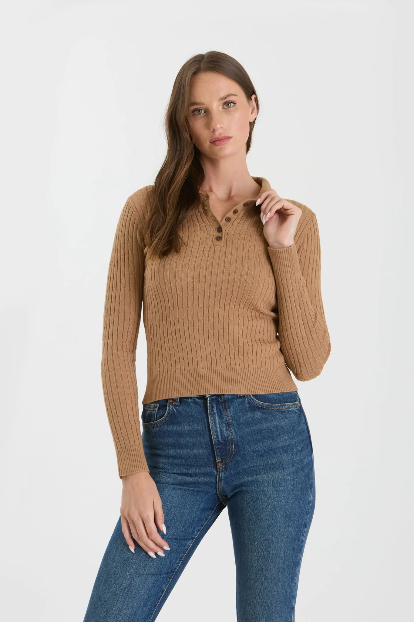 COLLARED POLO LONG SLEEVE KNIT TOP