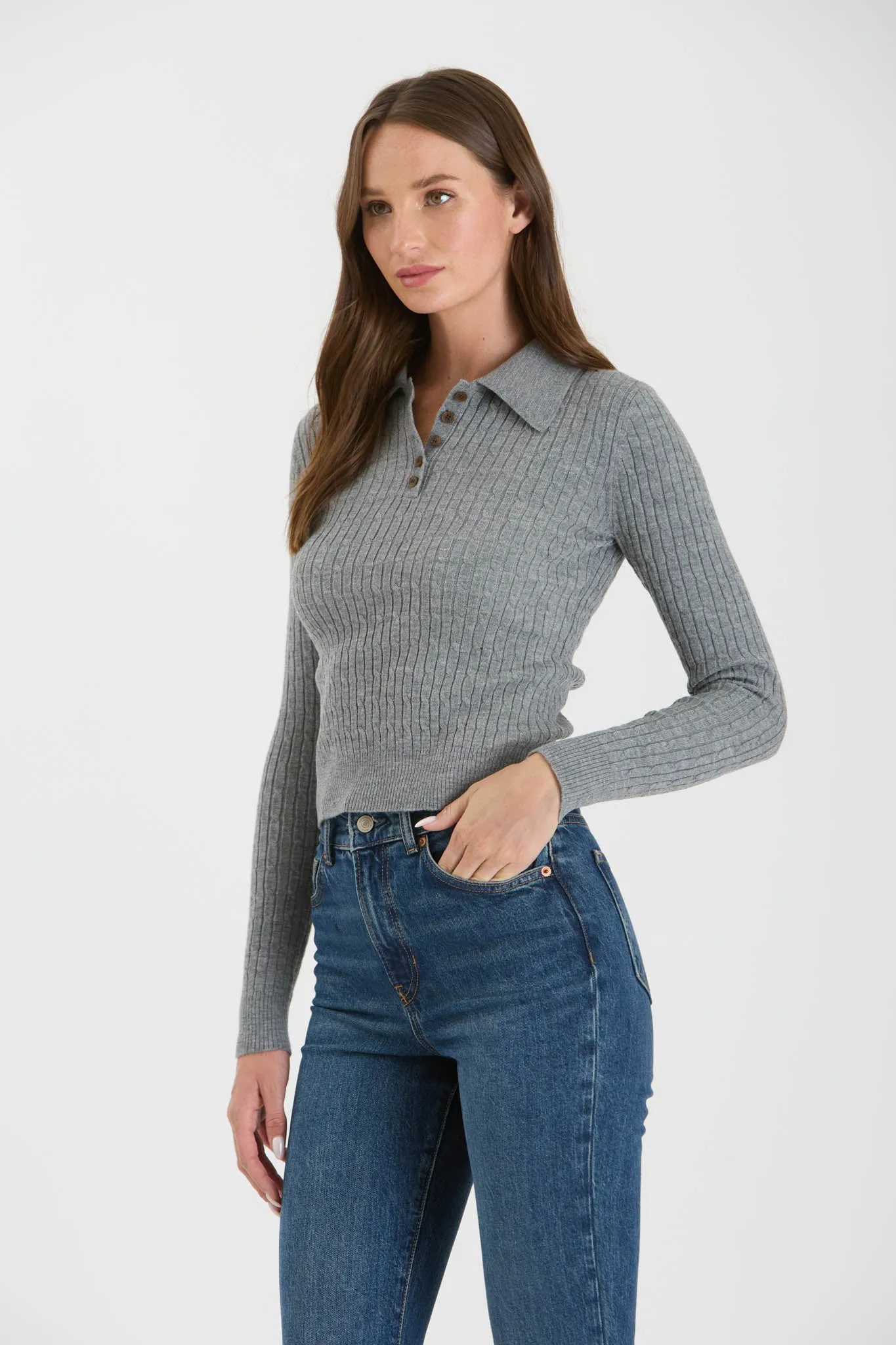 COLLARED POLO LONG SLEEVE KNIT TOP