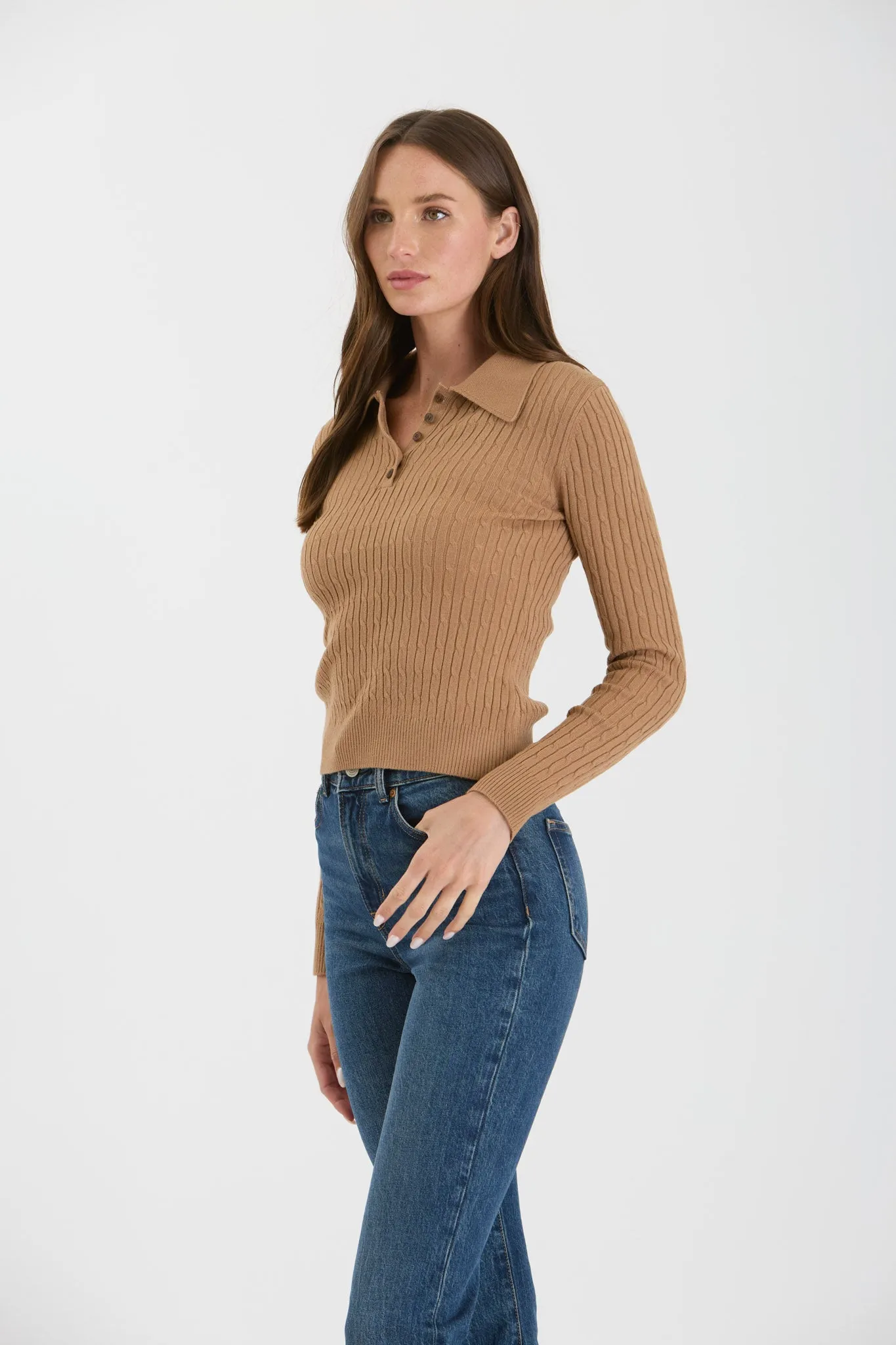 COLLARED POLO LONG SLEEVE KNIT TOP