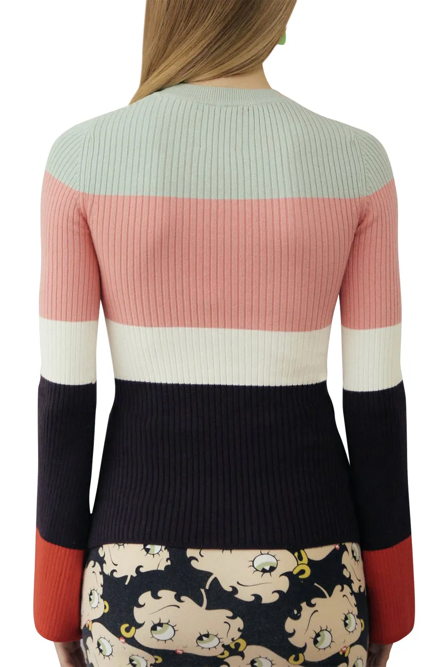 Colorblock Peachskin Long Sleeve Ribbed Crew Neck