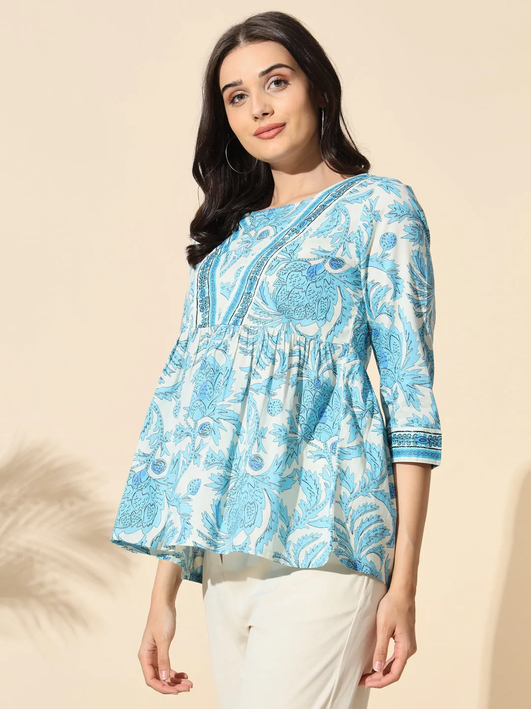 Cotton Printed Gather Top- #BL024