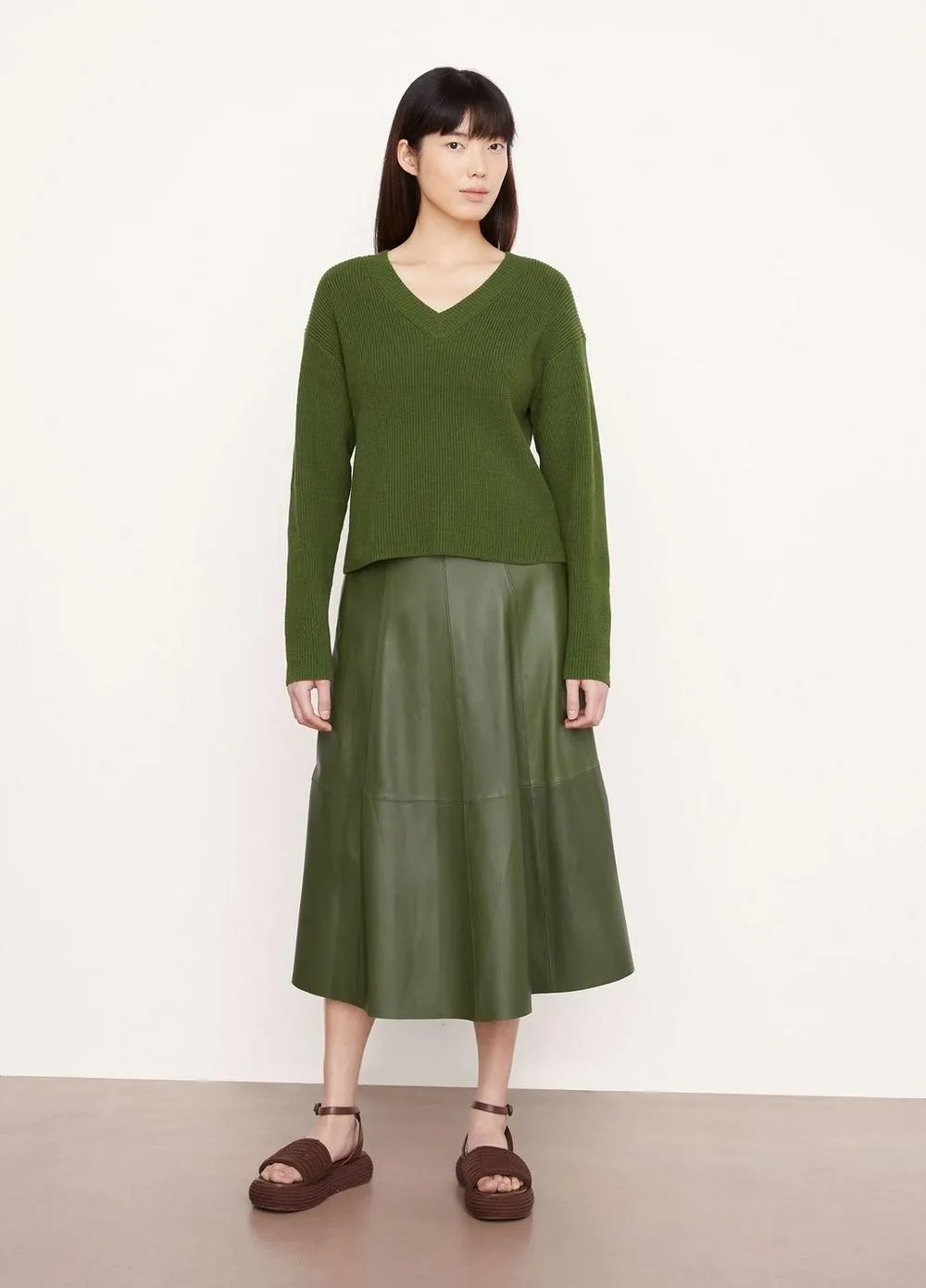 Drop Shoulder V-Neck Sweater in Herb