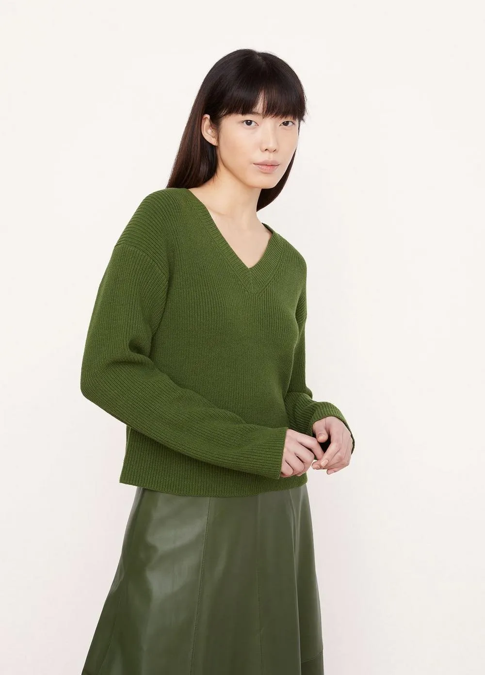 Drop Shoulder V-Neck Sweater in Herb