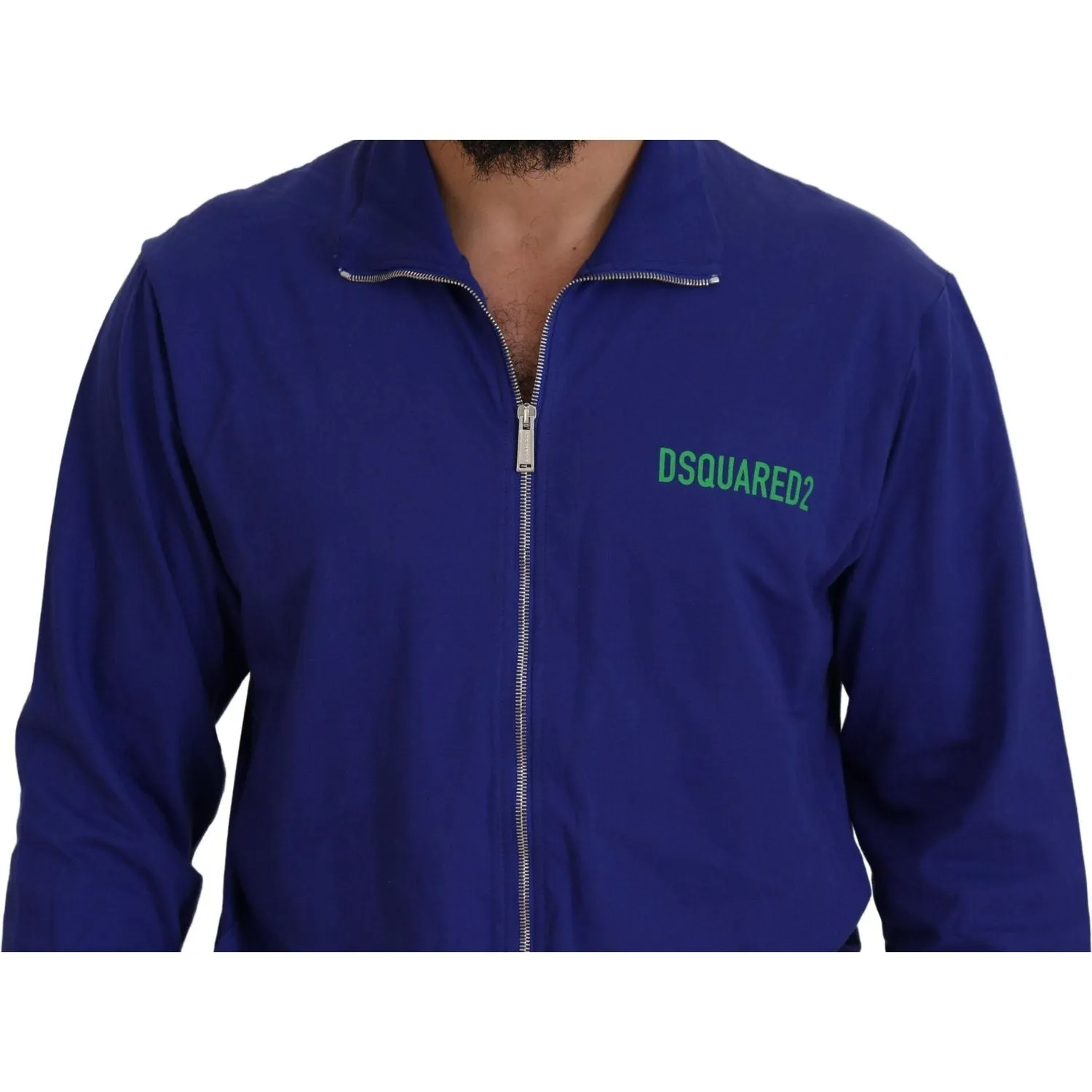 Dsquared² Blue Cotton Printed Collared Men Full Zip Sweater