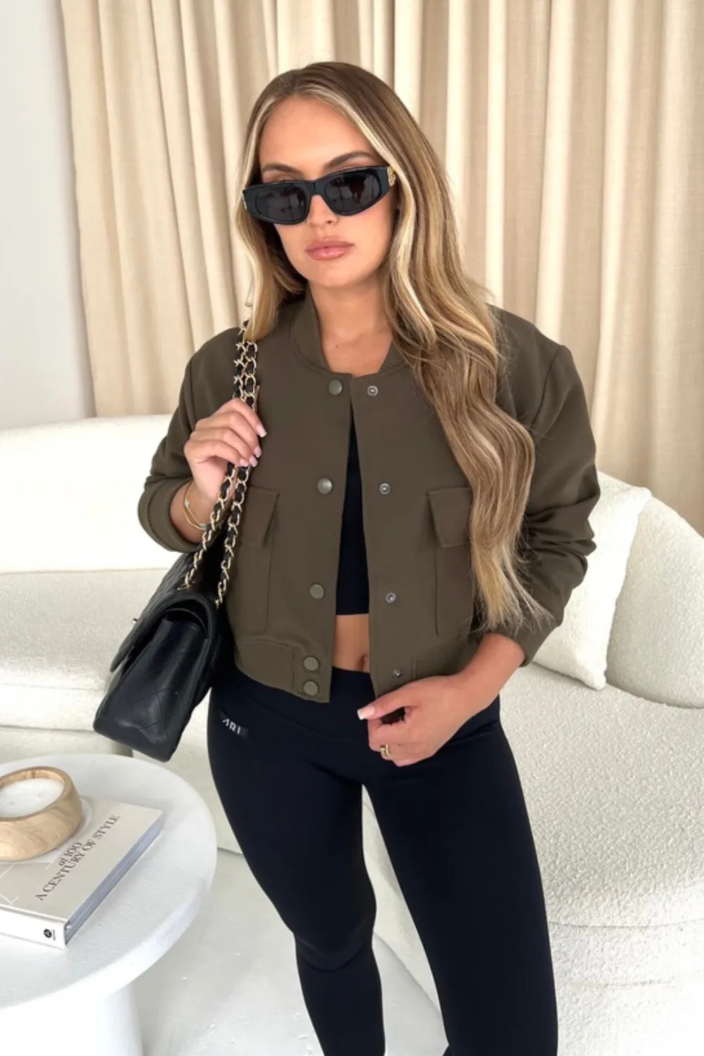 Fallon khaki cropped long sleeve bomber jacket