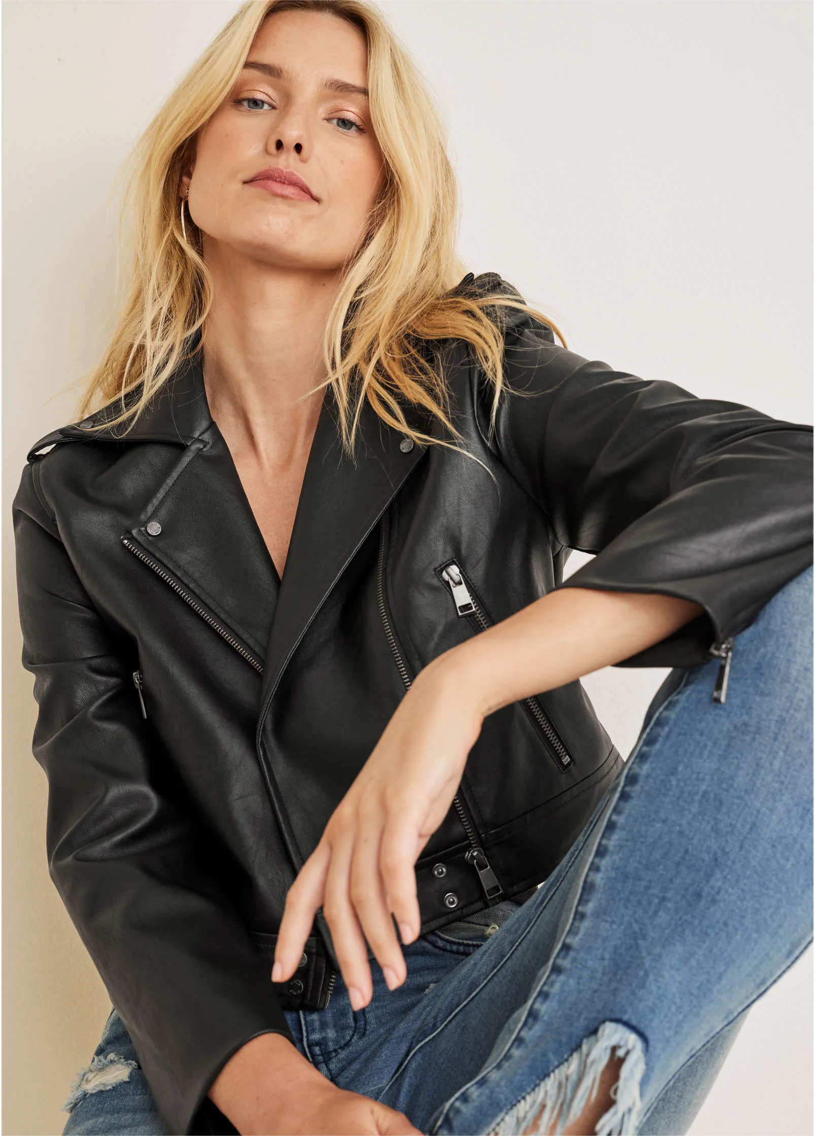 Faux-Leather Moto Jacket - Black