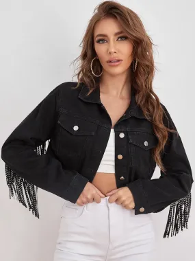 Fringe Detail Collared Neck Cropped Denim Jacket