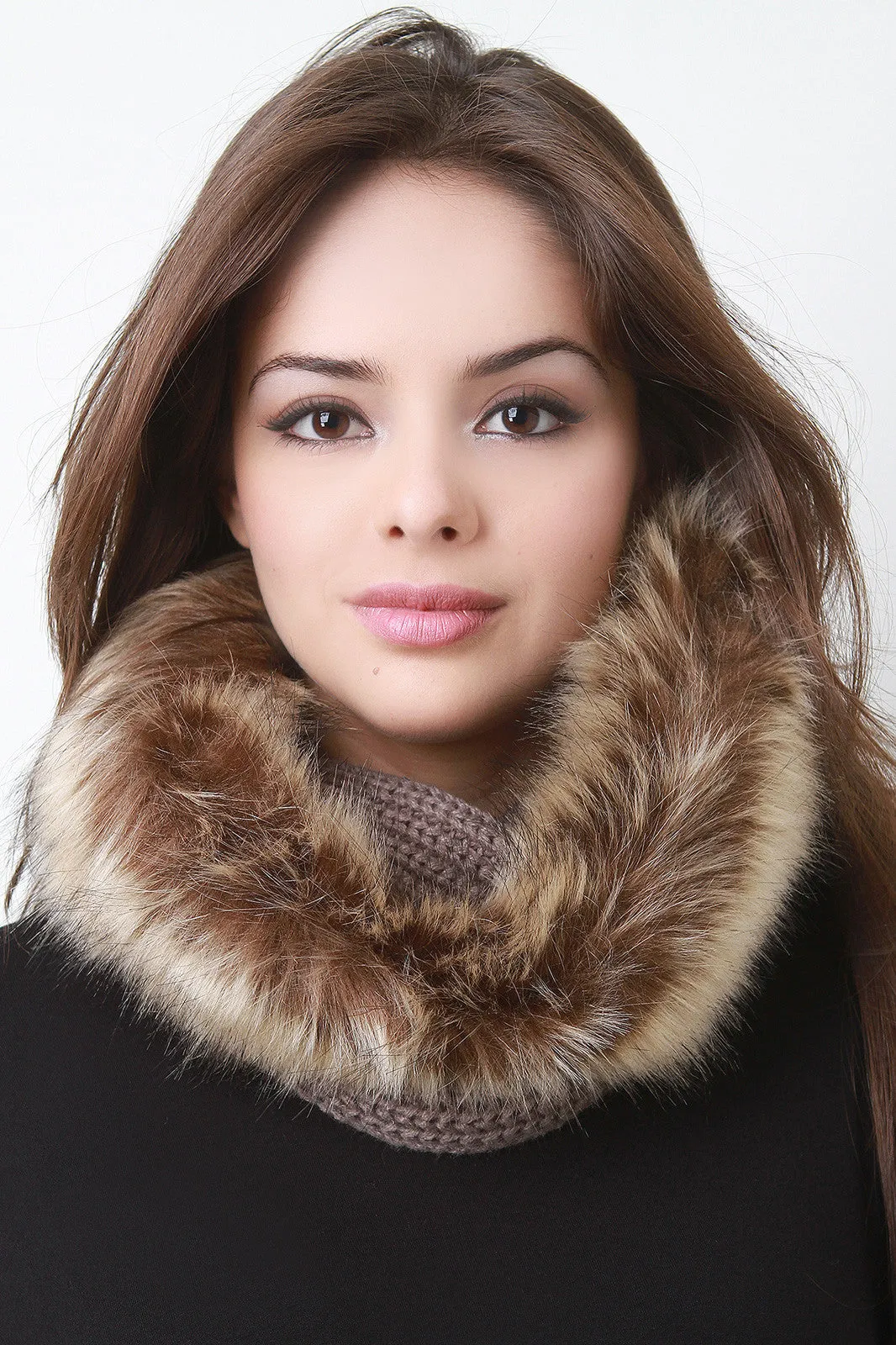 Fur Trim Solid Knit Tube Scarf