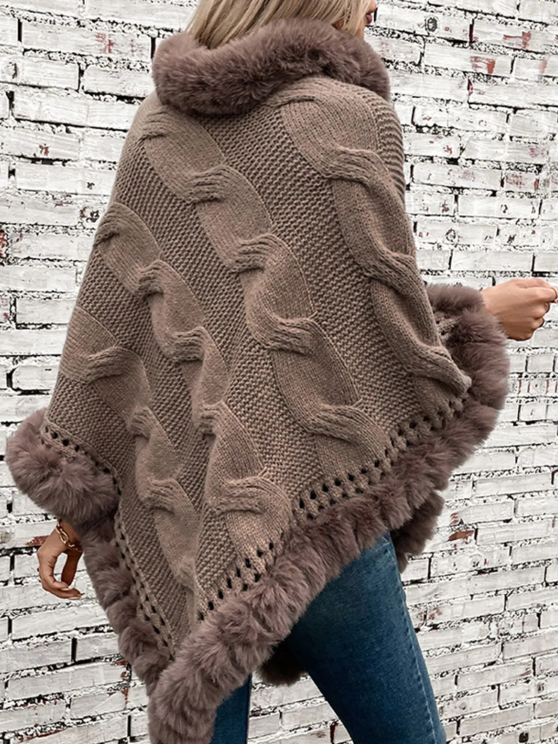 Fuzzy Hem Cable-Knit Poncho