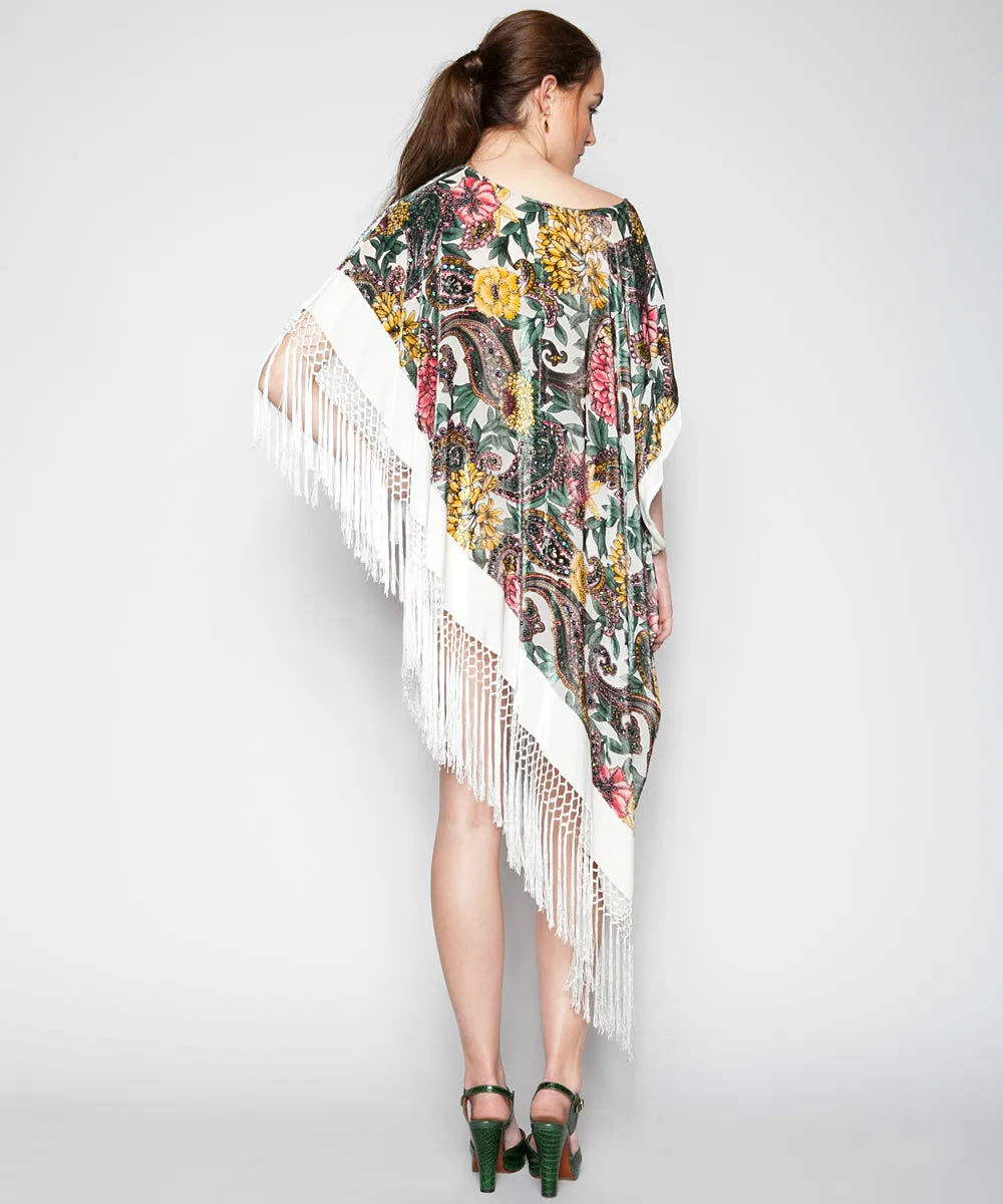 GARDEN PARTY SILK FRINGE PONCHO