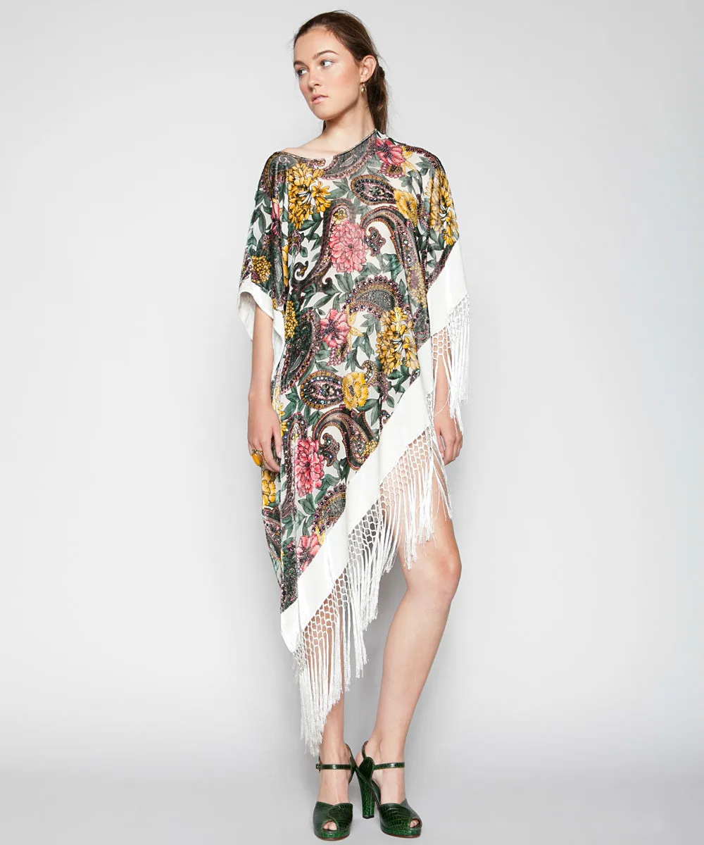 GARDEN PARTY SILK FRINGE PONCHO