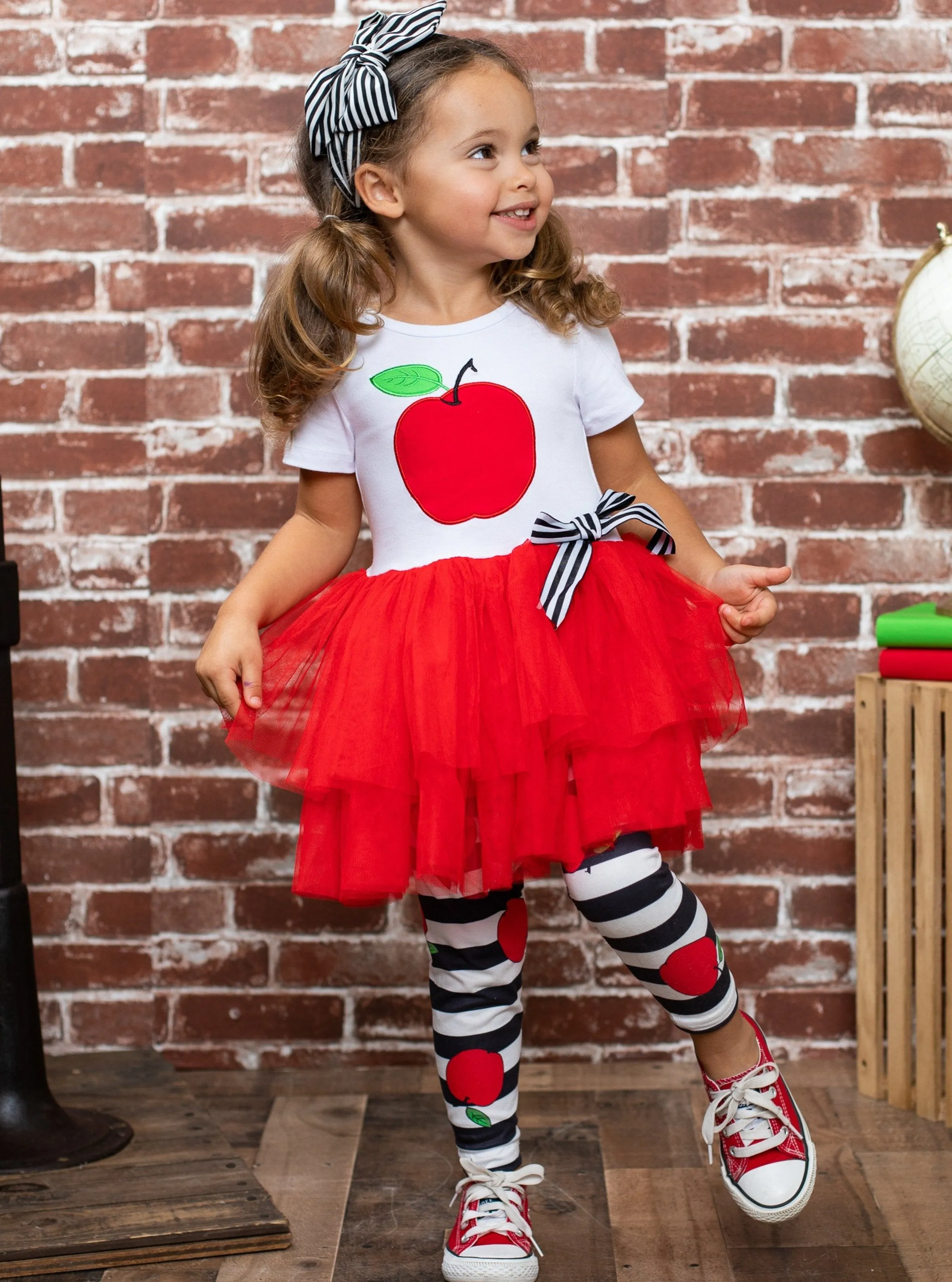 Girls Apple Applique Tutu Tunic with Bow and Striped Apple Print Leggings Set