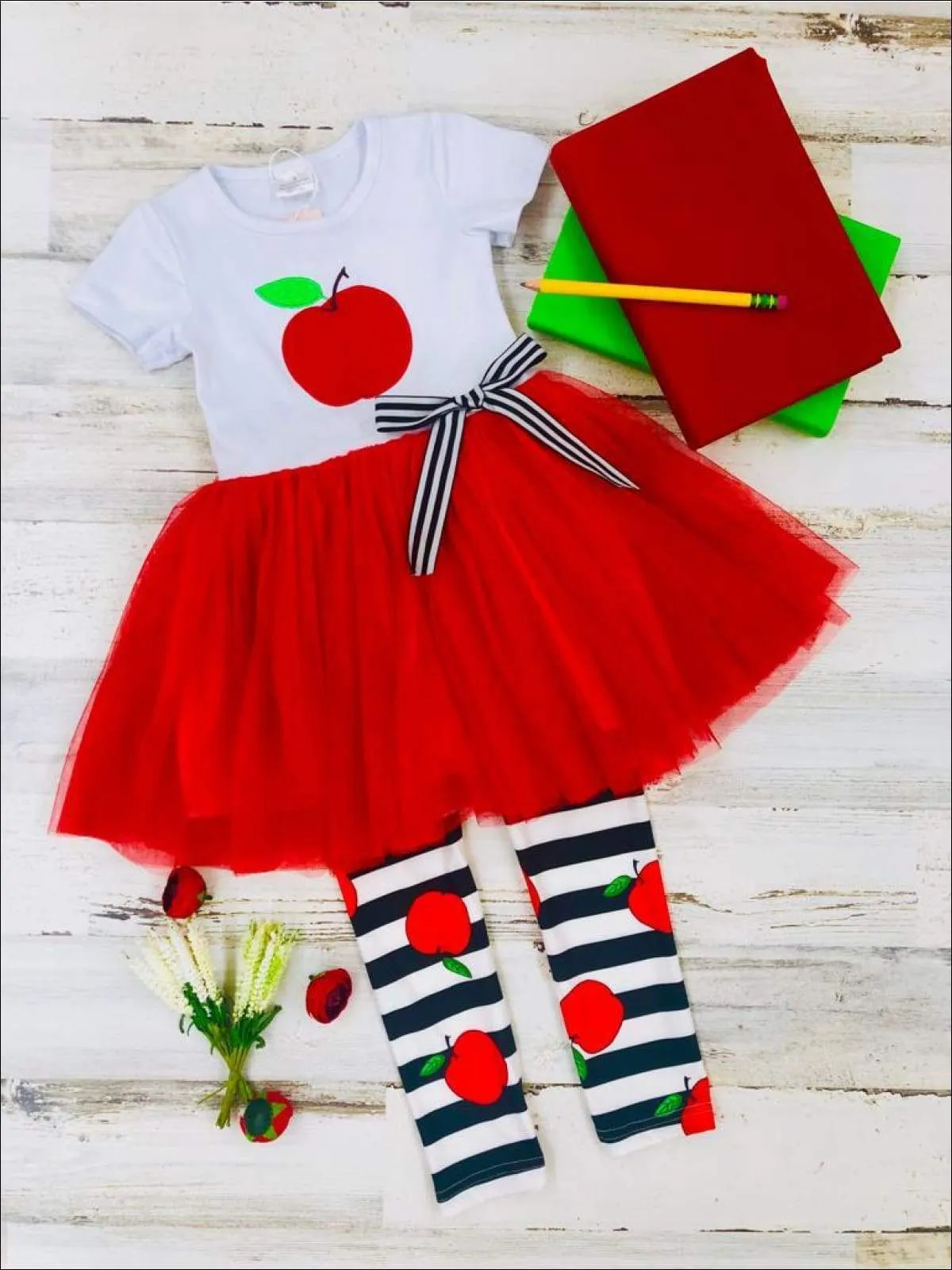 Girls Apple Applique Tutu Tunic with Bow and Striped Apple Print Leggings Set