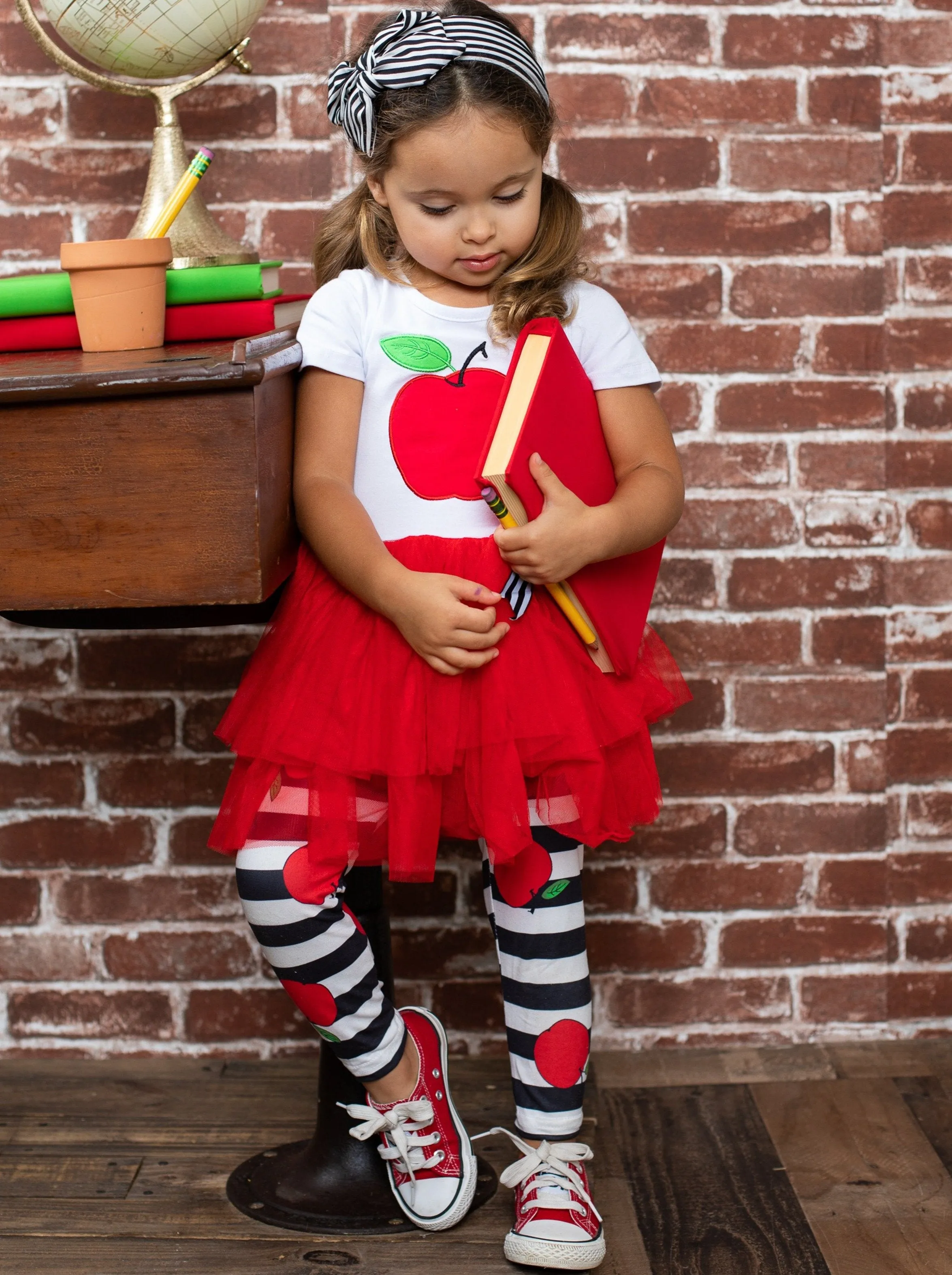 Girls Apple Applique Tutu Tunic with Bow and Striped Apple Print Leggings Set