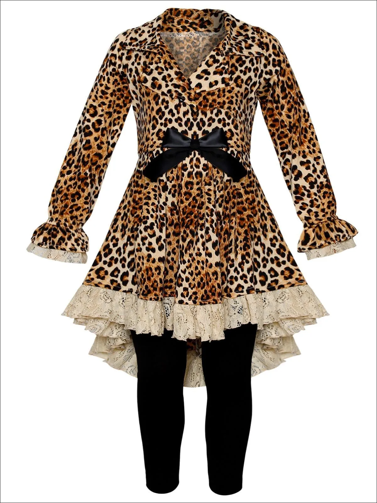 Girls Leopard Print Long Sleeve Hi-Lo Collared Lace Ruffle Blazer Tunic And Legging Set