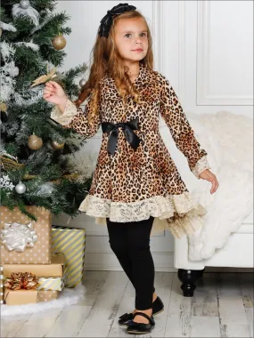 Girls Leopard Print Long Sleeve Hi-Lo Collared Lace Ruffle Blazer Tunic And Legging Set