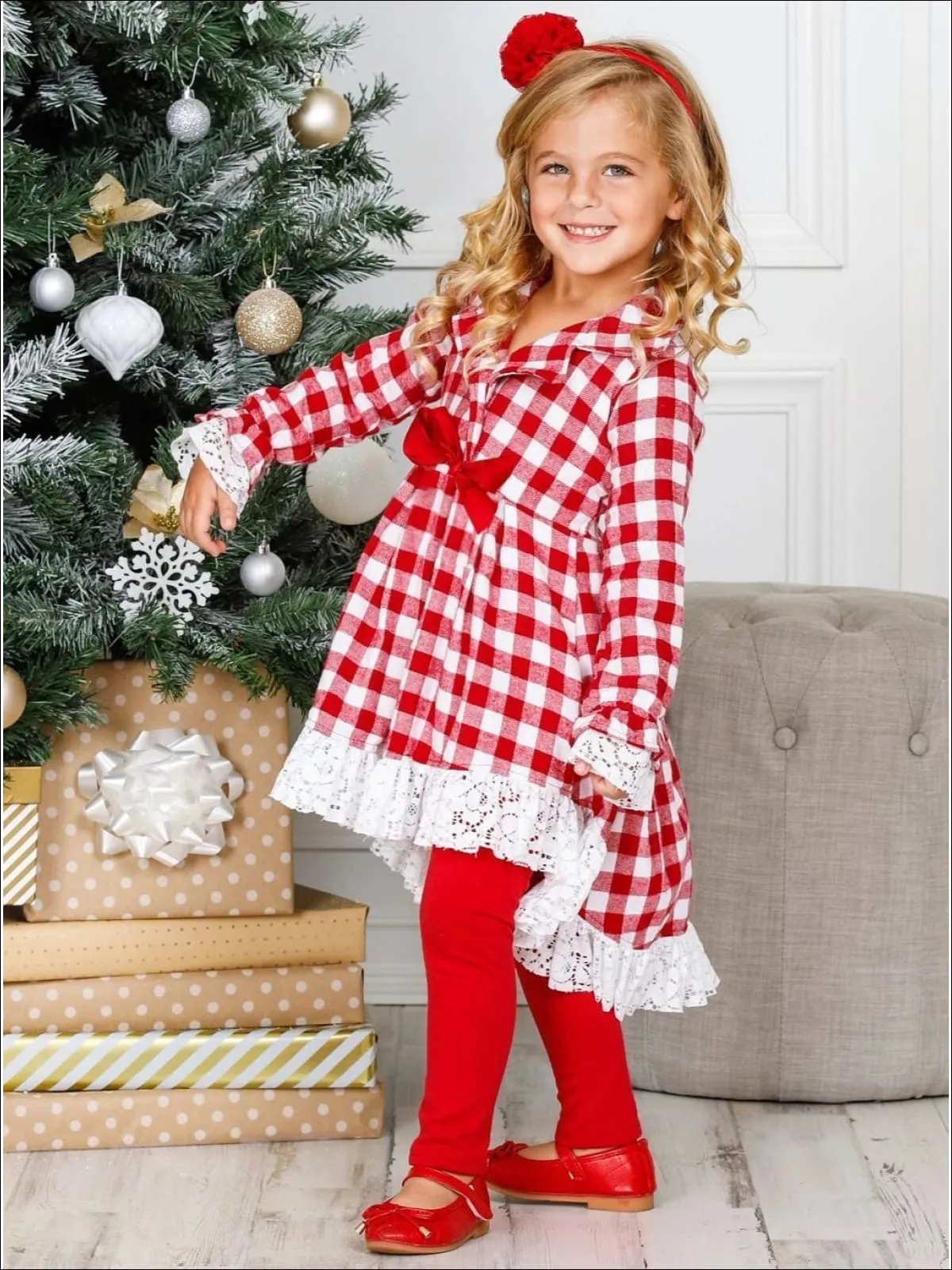 Girls Plaid Long Sleeve Hi-Lo Collared Lace Ruffle Blazer Tunic And Legging Set