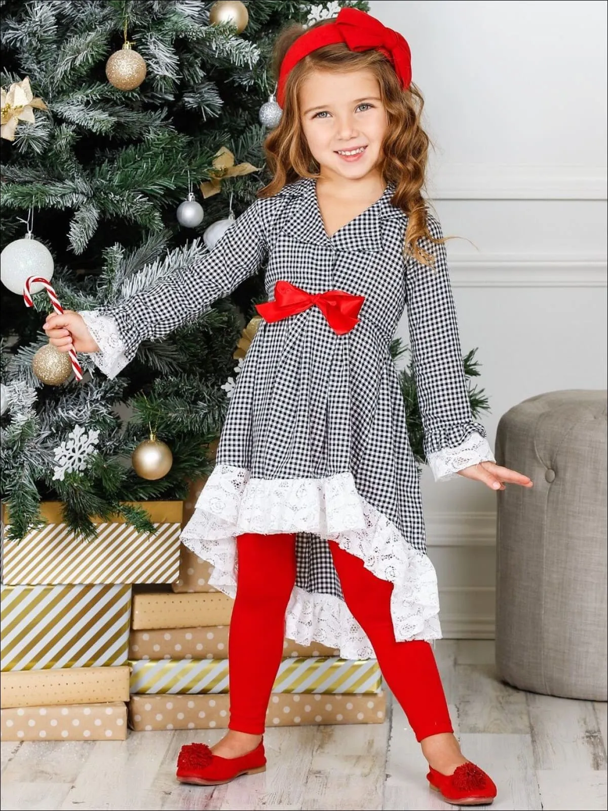 Girls Plaid Long Sleeve Hi-Lo Collared Lace Ruffle Blazer Tunic And Legging Set