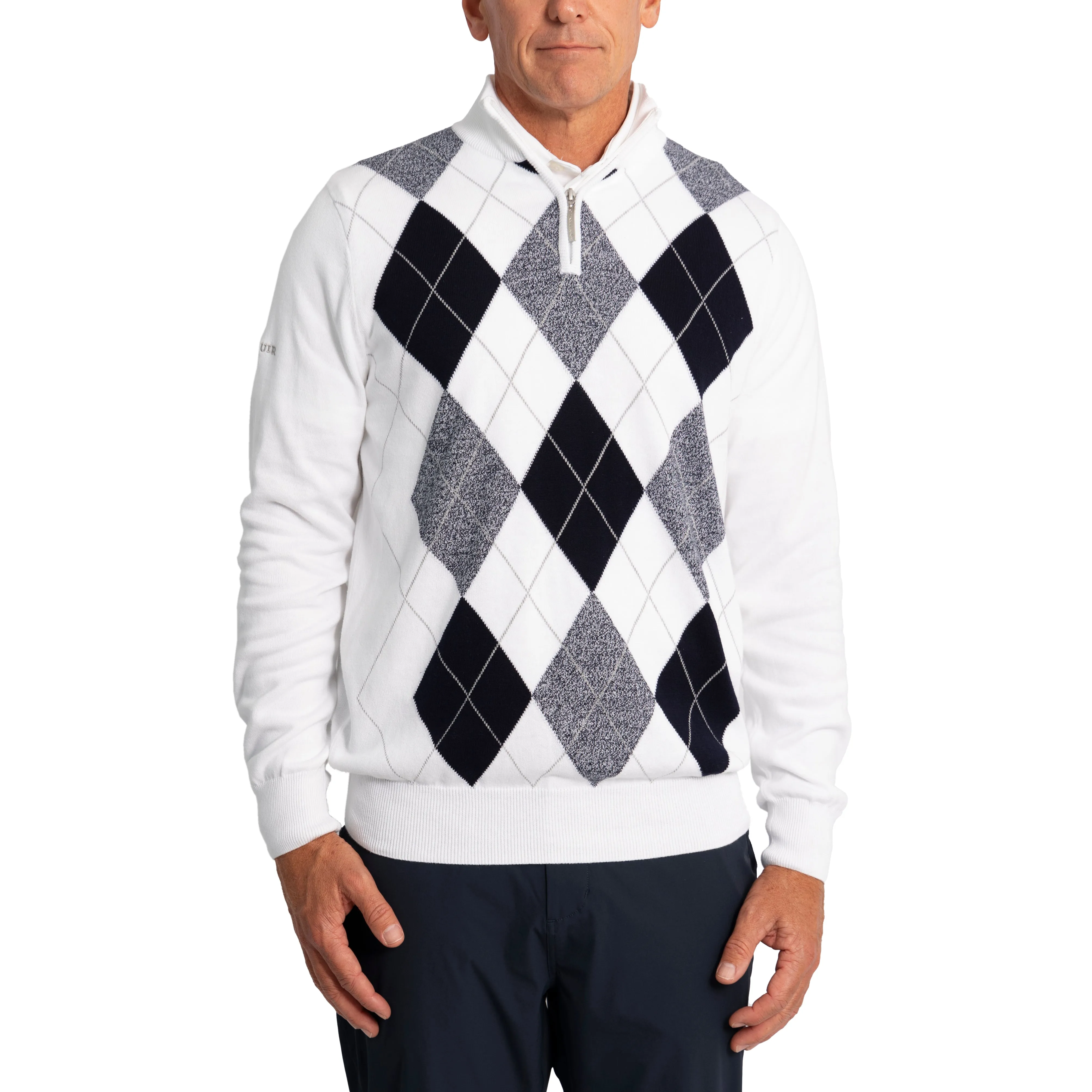 Glenmuir Lauder Quarter Zip Diamond Argyle Cotton Golf Pullover - White/ Navy