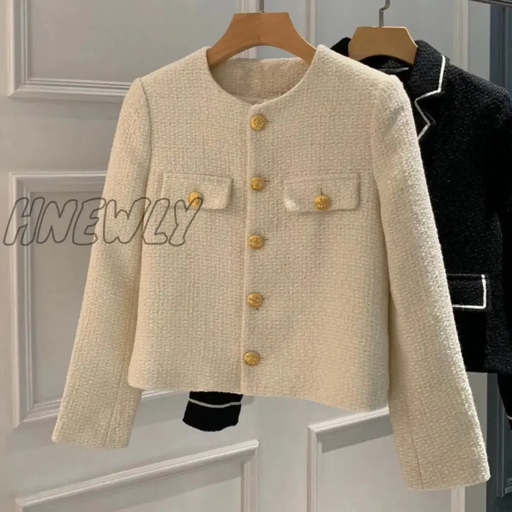 Hnewly Small Fragrance Tweed Jacket Coat Women Single Breasted Woolen Short Coats New Autumn Winter Vintage Outerwear Crop Top Casual Classy Outfits