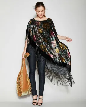 IN THE NIGHT GARDEN SILK FRINGE PONCHO