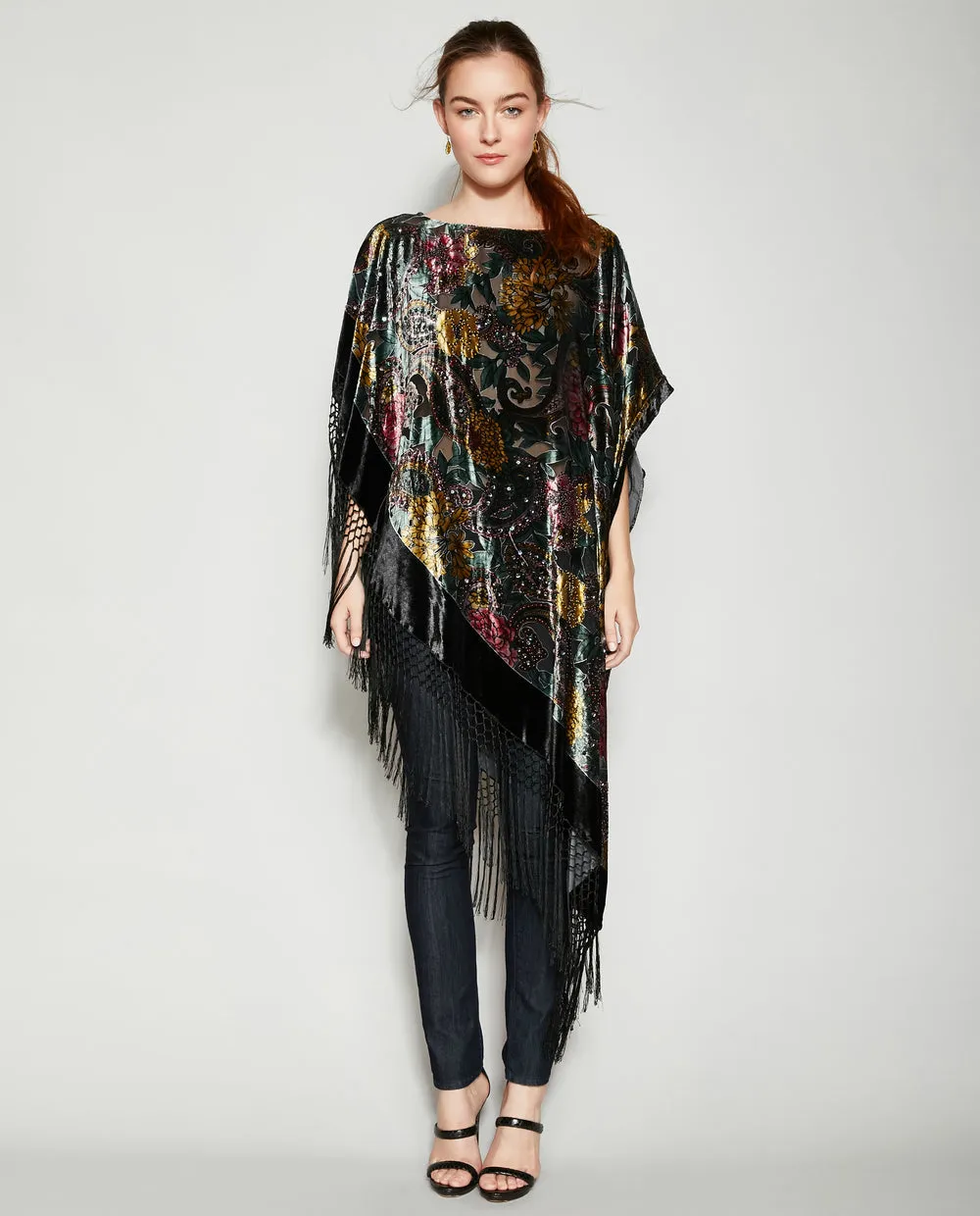 IN THE NIGHT GARDEN SILK FRINGE PONCHO