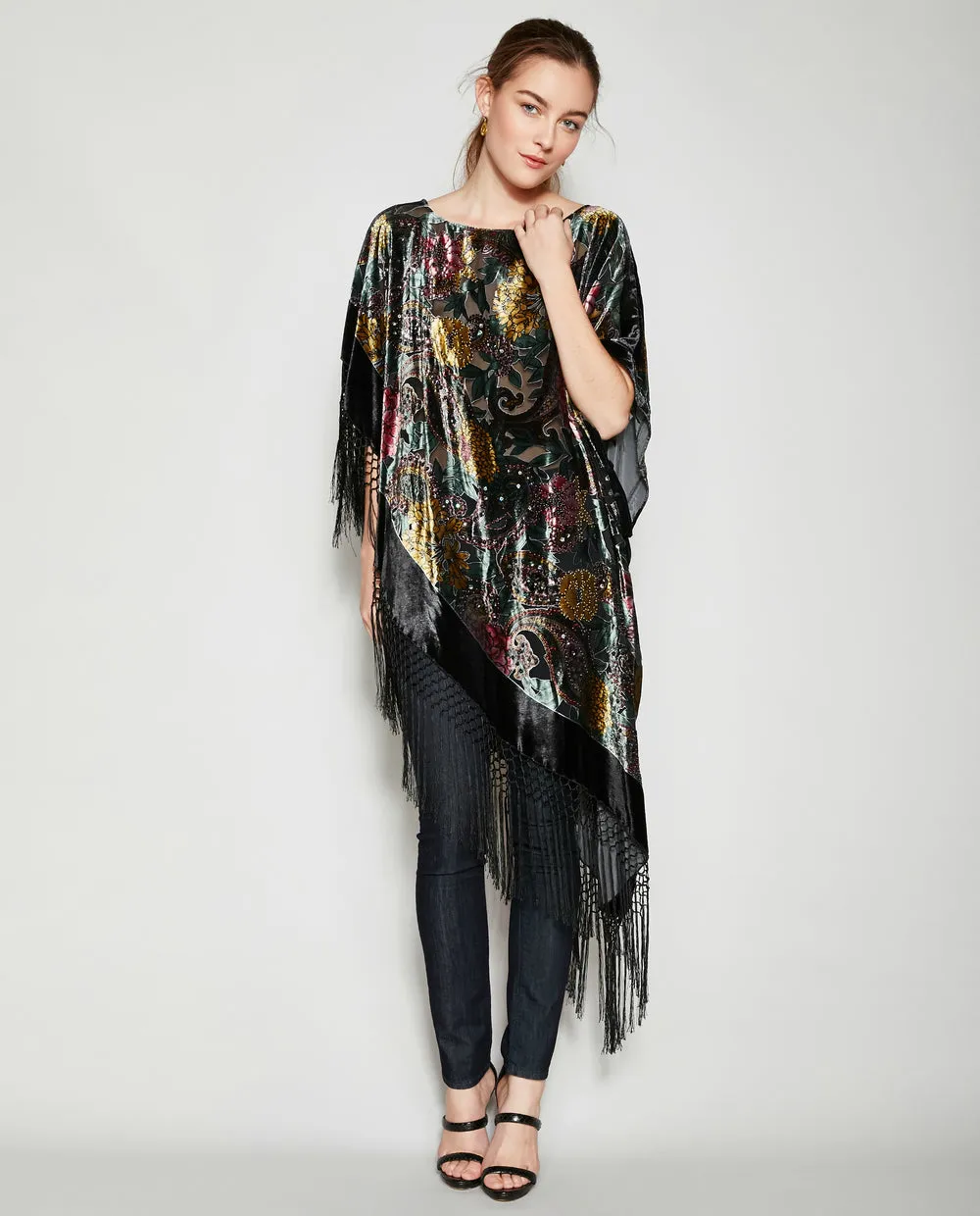 IN THE NIGHT GARDEN SILK FRINGE PONCHO