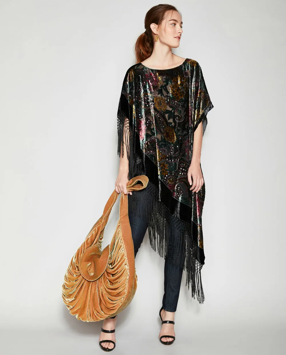 IN THE NIGHT GARDEN SILK FRINGE PONCHO