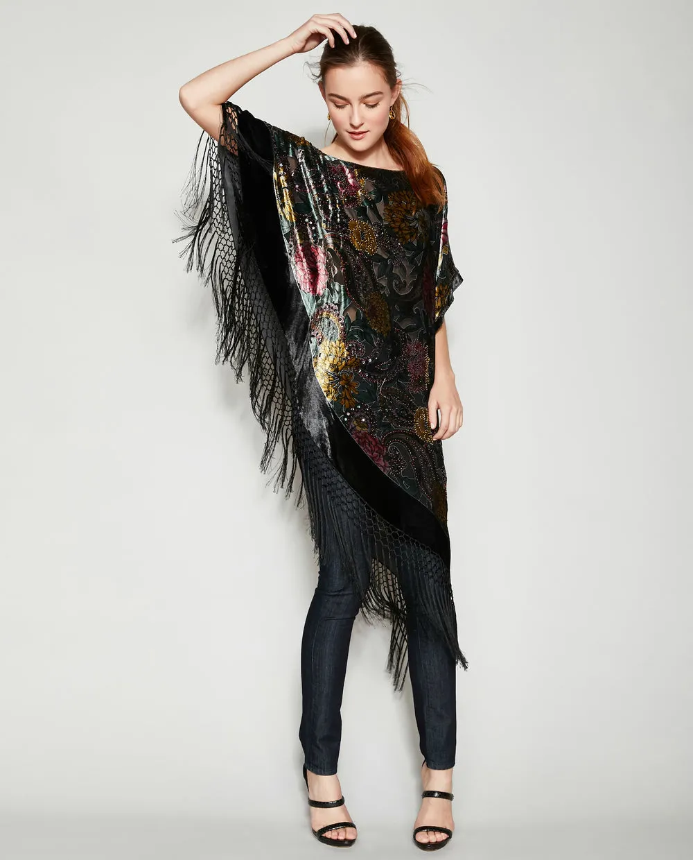 IN THE NIGHT GARDEN SILK FRINGE PONCHO