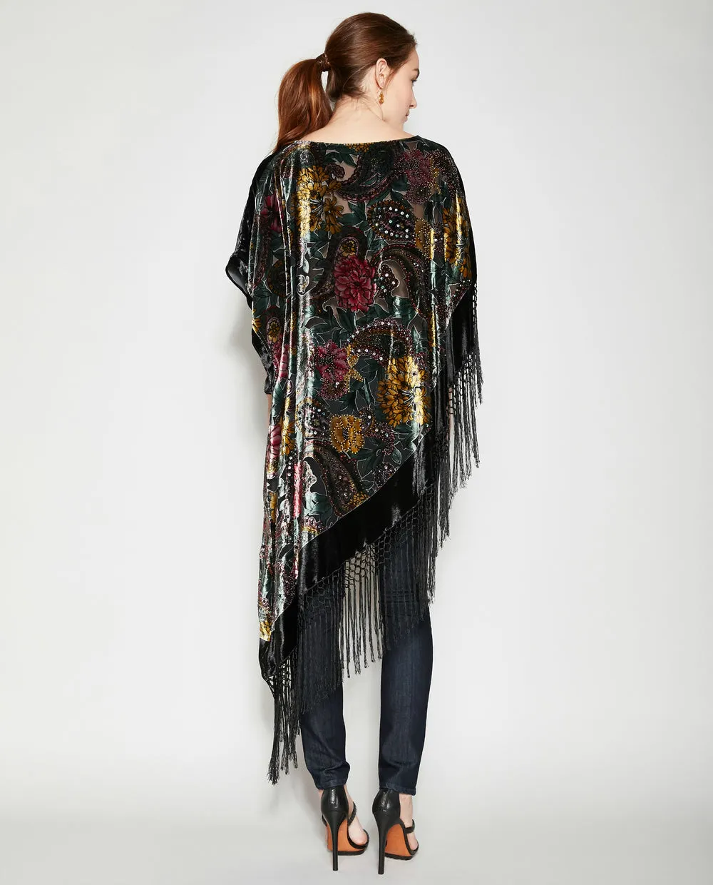 IN THE NIGHT GARDEN SILK FRINGE PONCHO