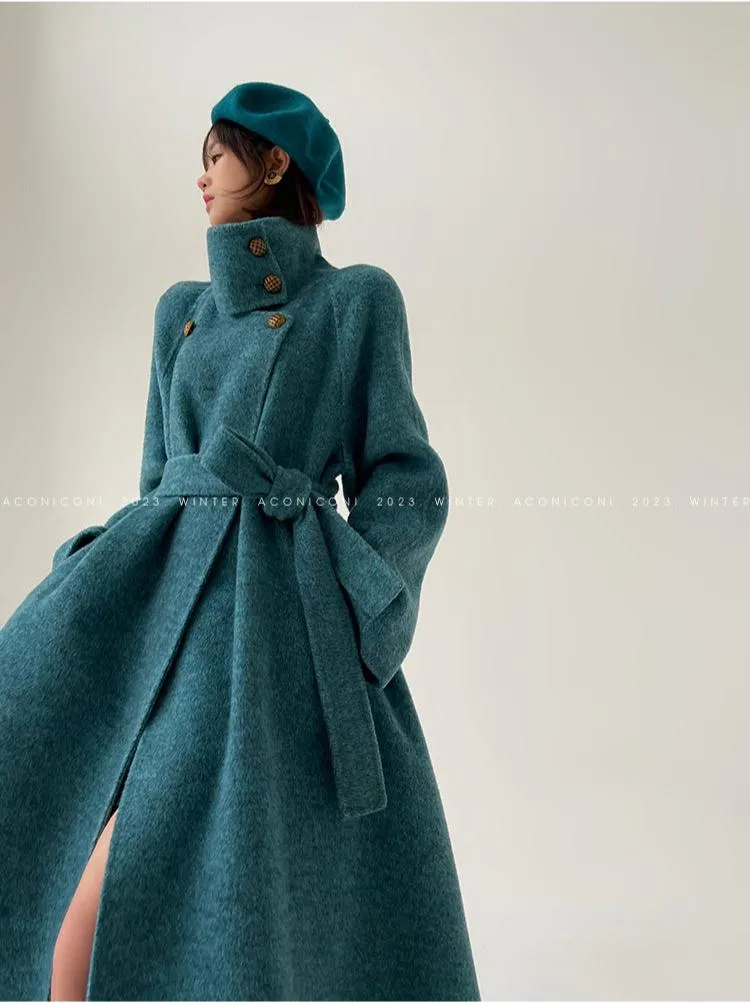 Ink teal blue wool coat and cape jacket - Blue Island