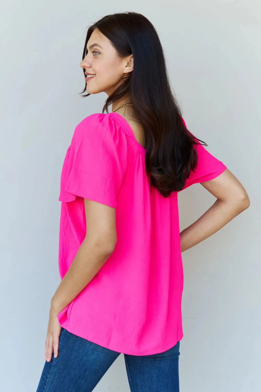 Keep Me Close Square Neck Short Sleeve Blouse in Fuchsia