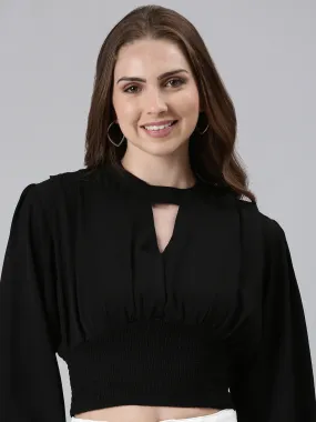 Keyhole Neck Bishop Sleeves Solid Cinched Waist Black Crop Top