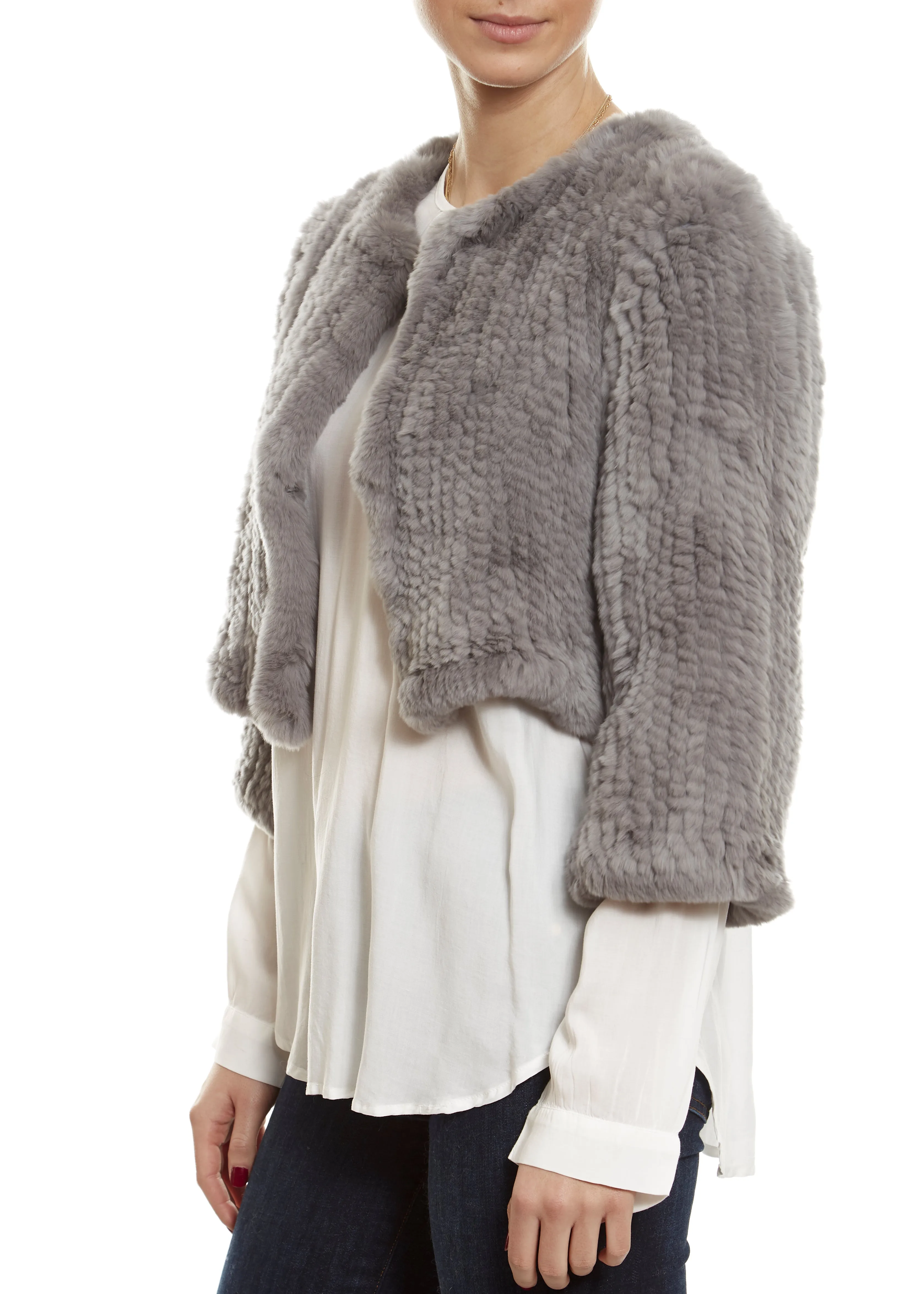 Knitted Rabbit Light Grey Genuine Fur Jacket