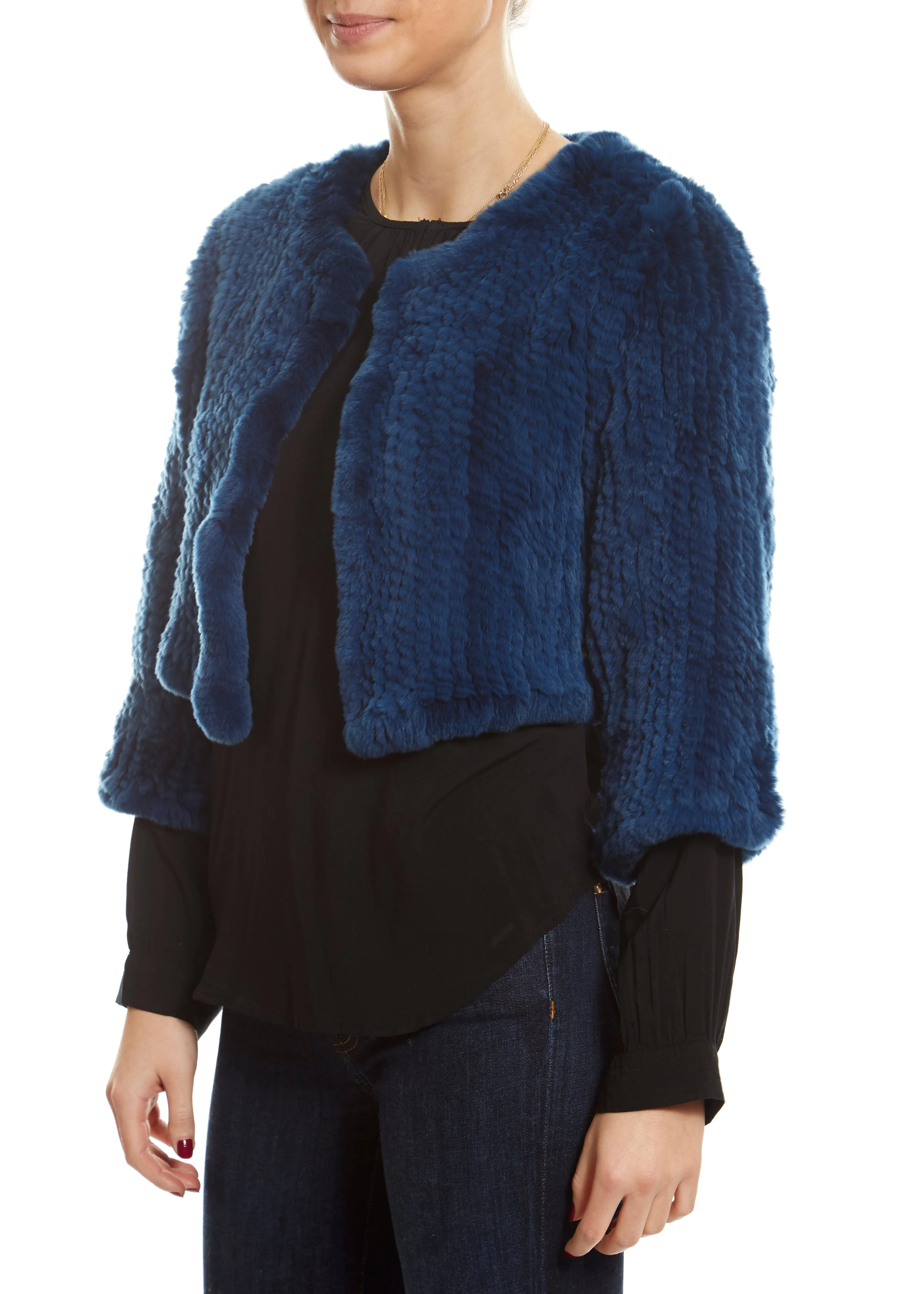 Knitted Rabbit Royal Blue Green Genuine Fur Jacket