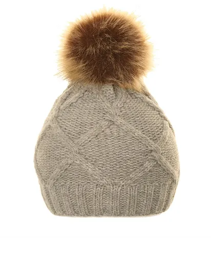 Ladies Michy Cable Knit Bobble Hat Fuax Poms - Grey