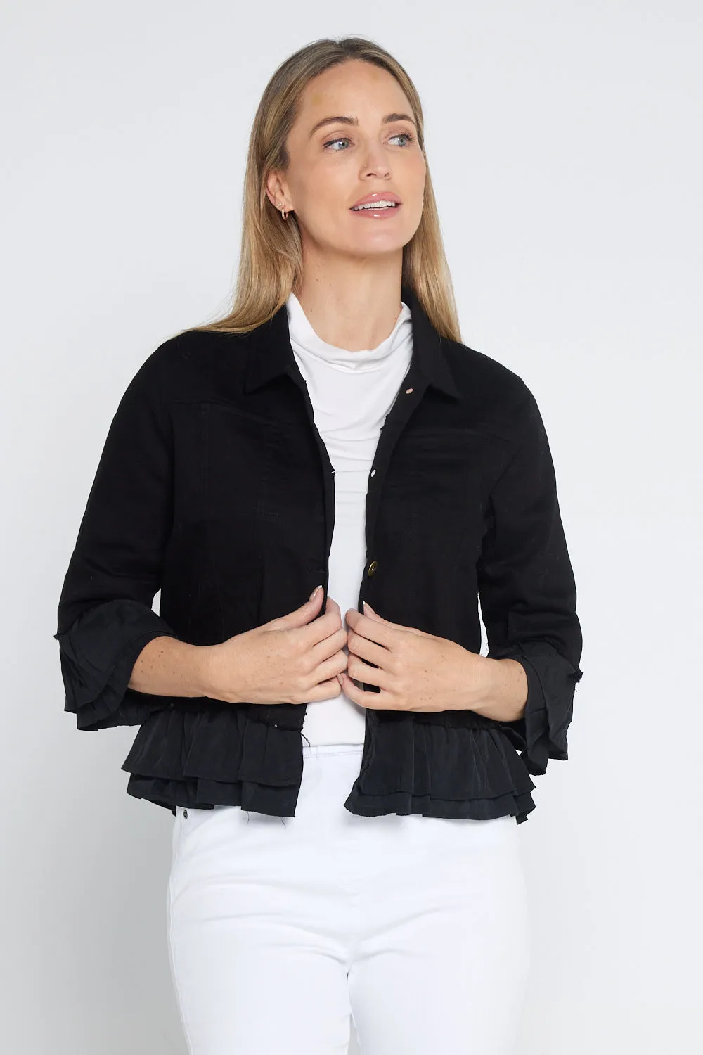 Leelah Cropped Ruffle Denim Jacket - Black