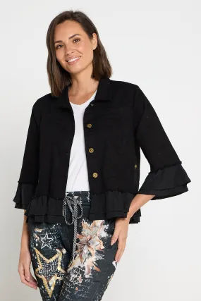 Leelah Cropped Ruffle Denim Jacket - Black