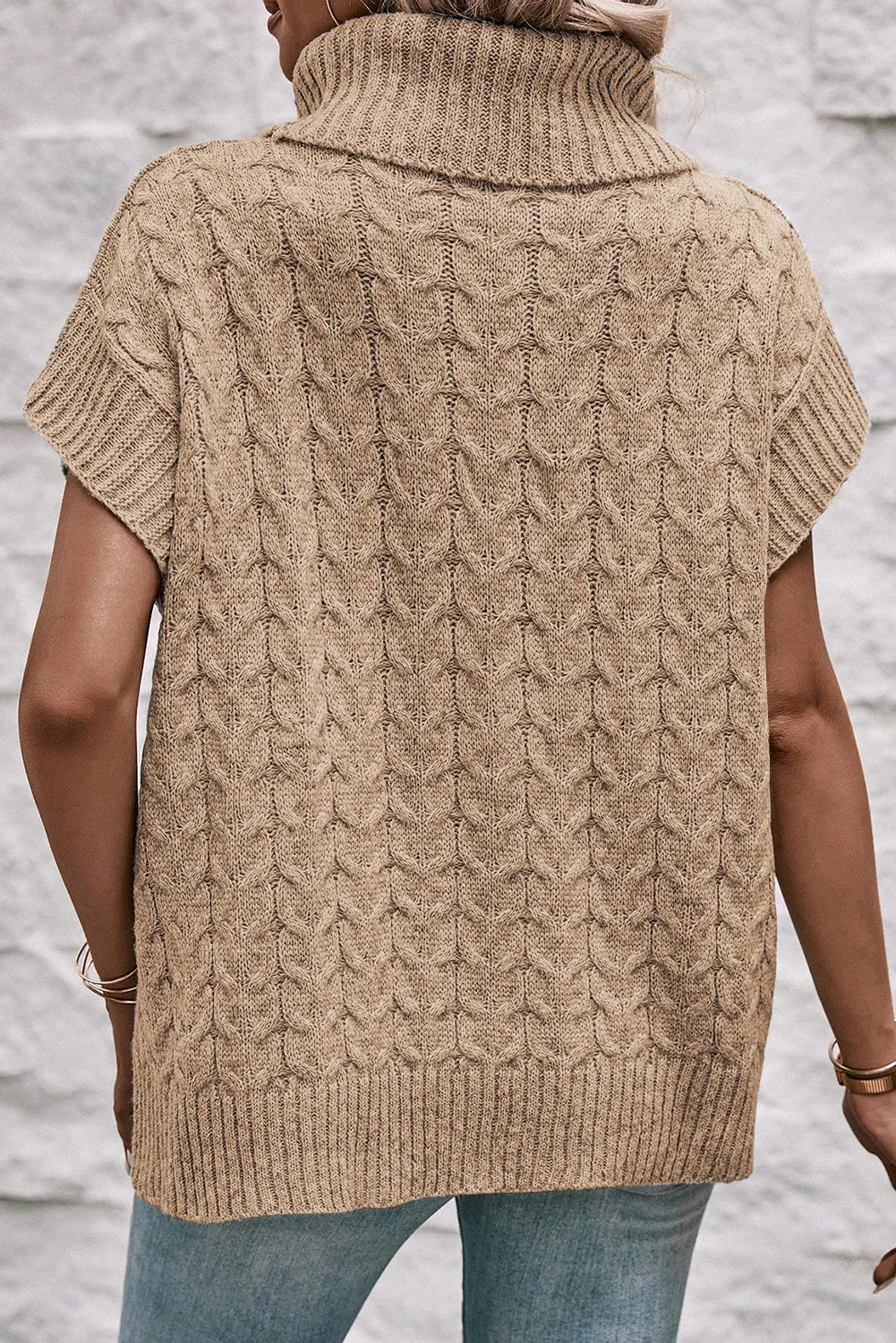 Light Beige Turtleneck Short Dolman Sleeve Cable Knit Sweater