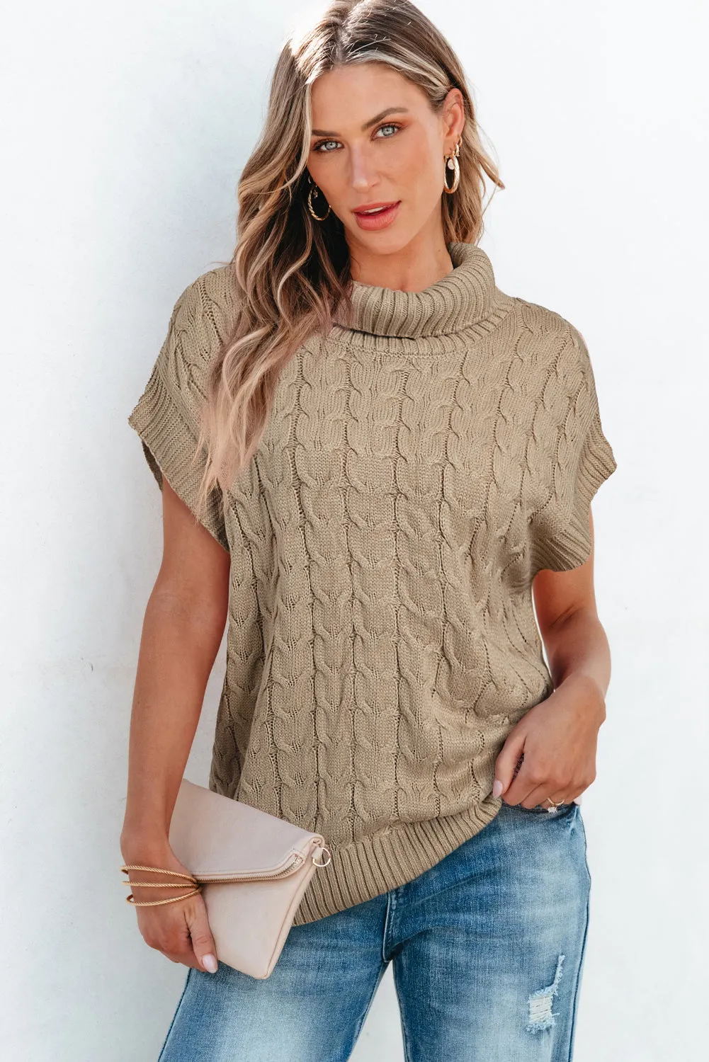 Light Beige Turtleneck Short Dolman Sleeve Cable Knit Sweater