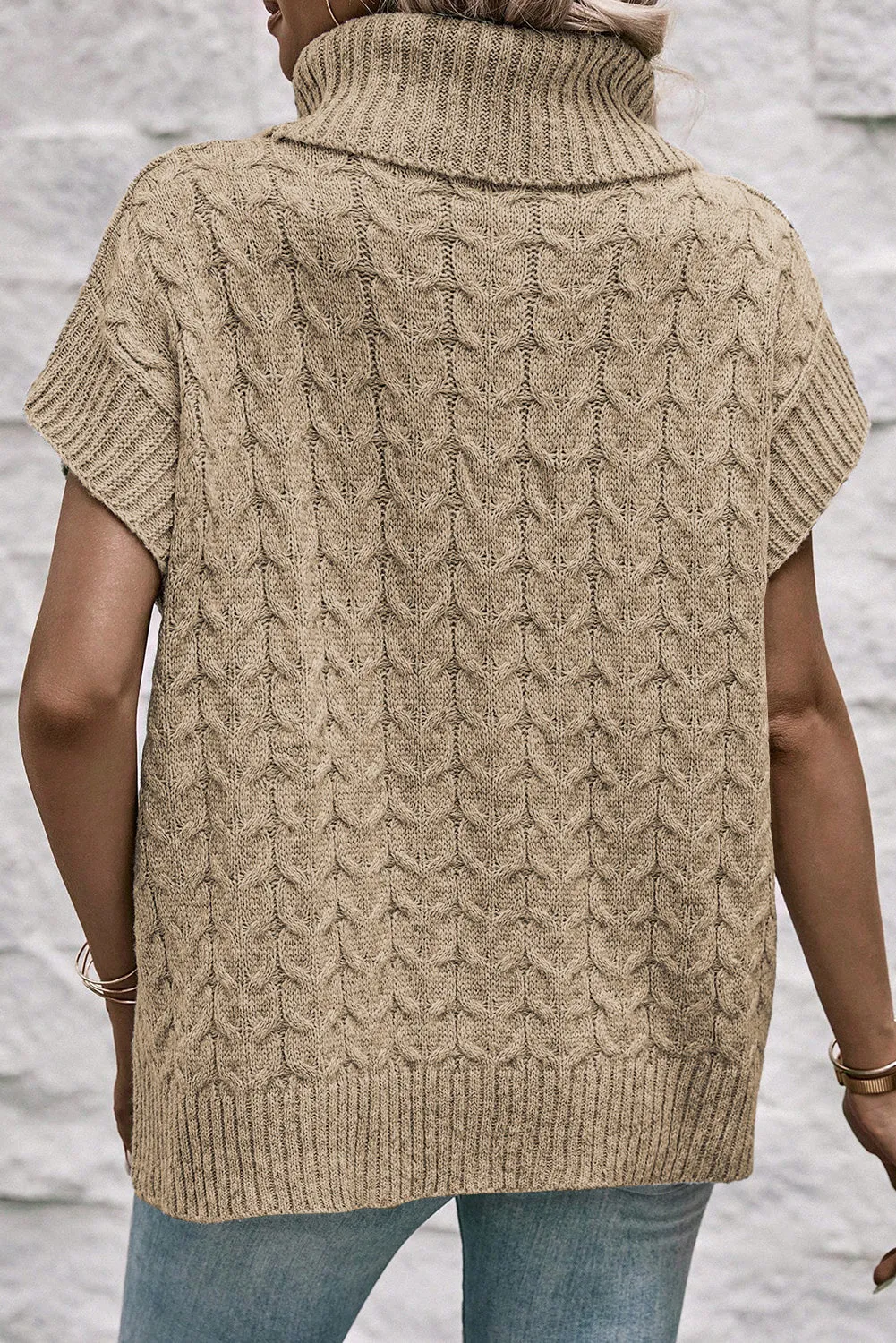 Light Beige Turtleneck Short Dolman Sleeve Cable Knit Sweater