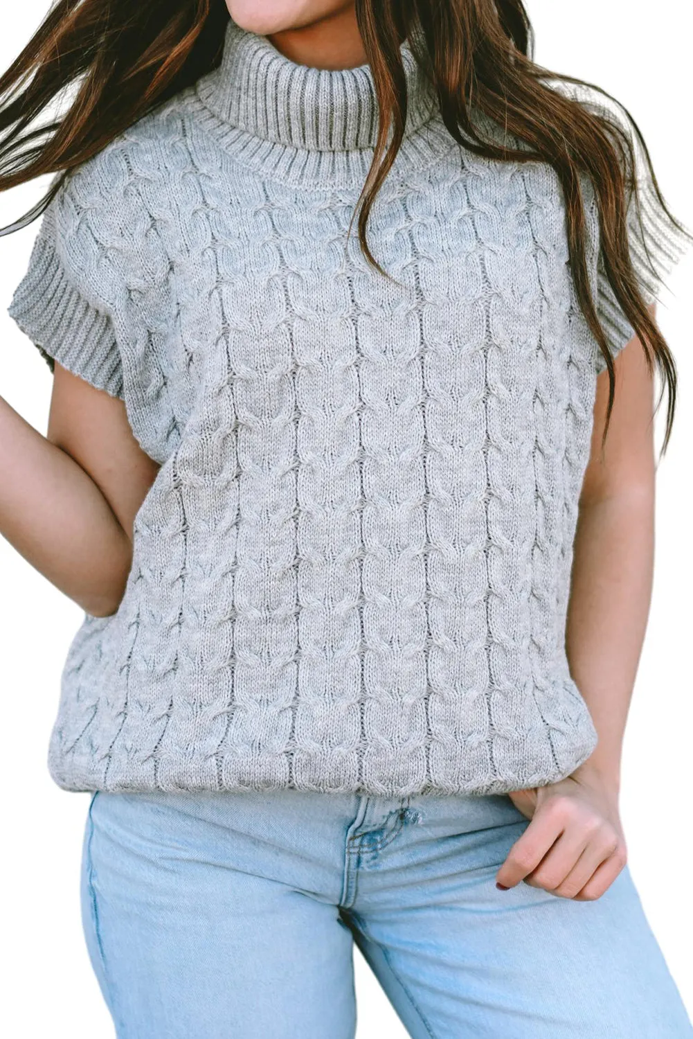 Light Beige Turtleneck Short Dolman Sleeve Cable Knit Sweater