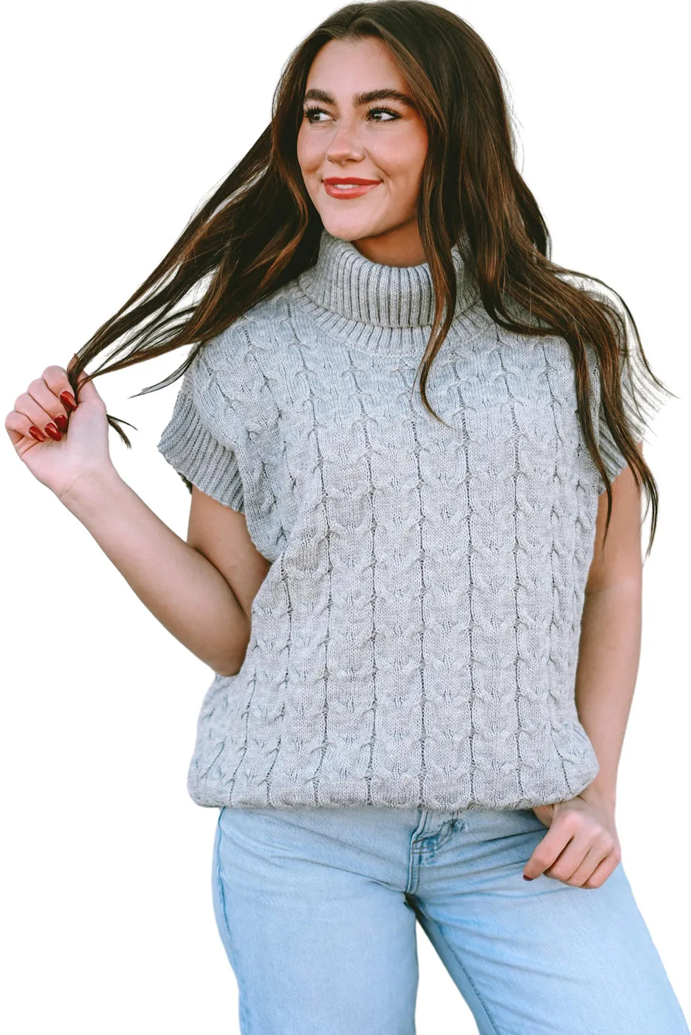 Light Beige Turtleneck Short Dolman Sleeve Cable Knit Sweater