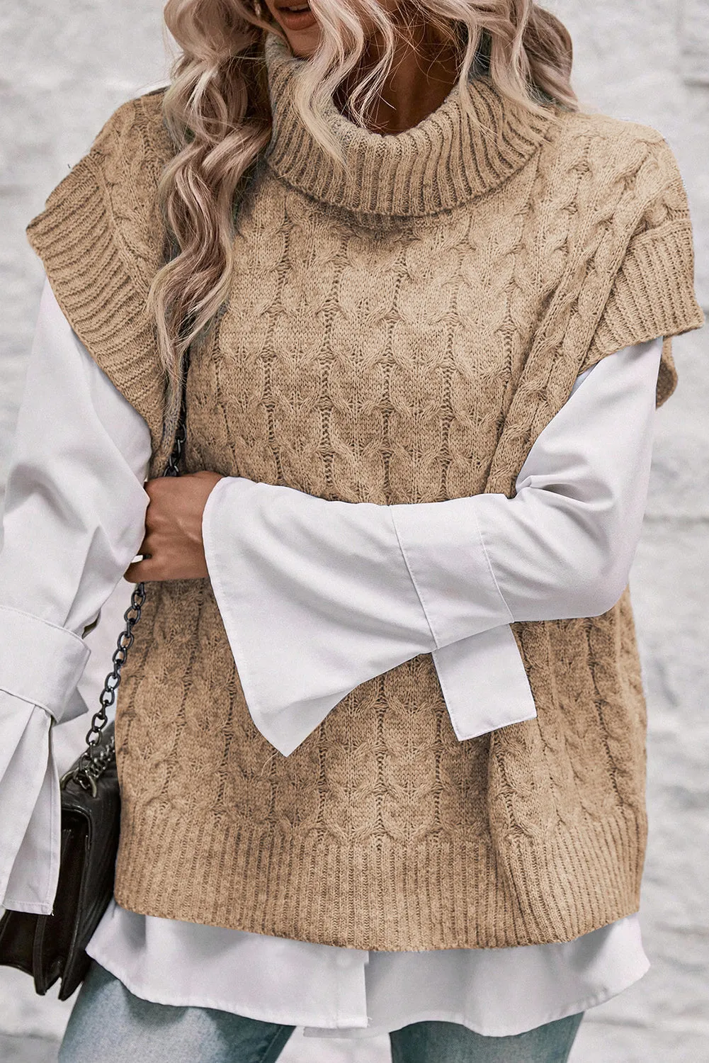 Light Beige Turtleneck Short Dolman Sleeve Cable Knit Sweater