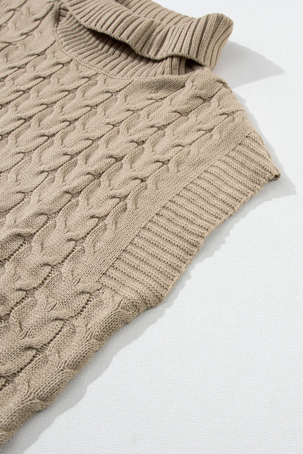 Light Beige Turtleneck Short Dolman Sleeve Cable Knit Sweater