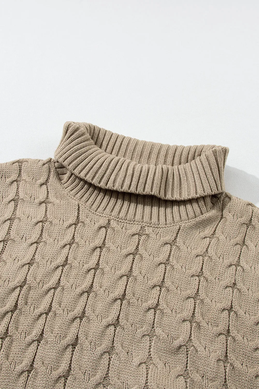 Light Beige Turtleneck Short Dolman Sleeve Cable Knit Sweater