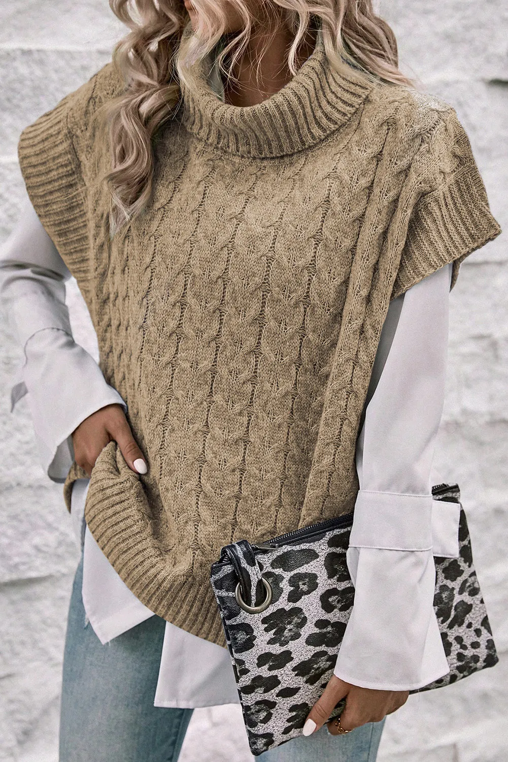 Light Beige Turtleneck Short Dolman Sleeve Cable Knit Sweater