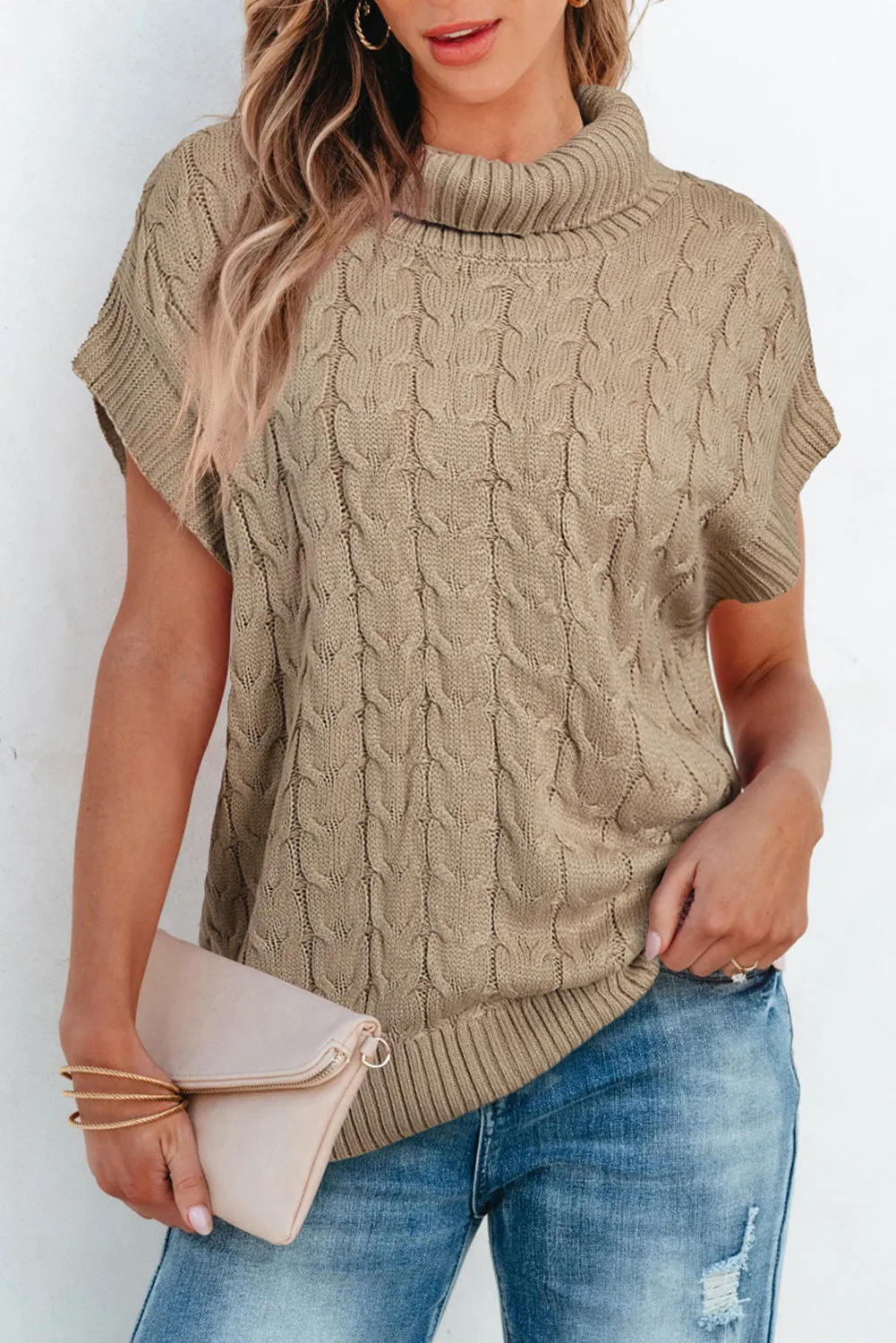 Light Beige Turtleneck Short Dolman Sleeve Cable Knit Sweater